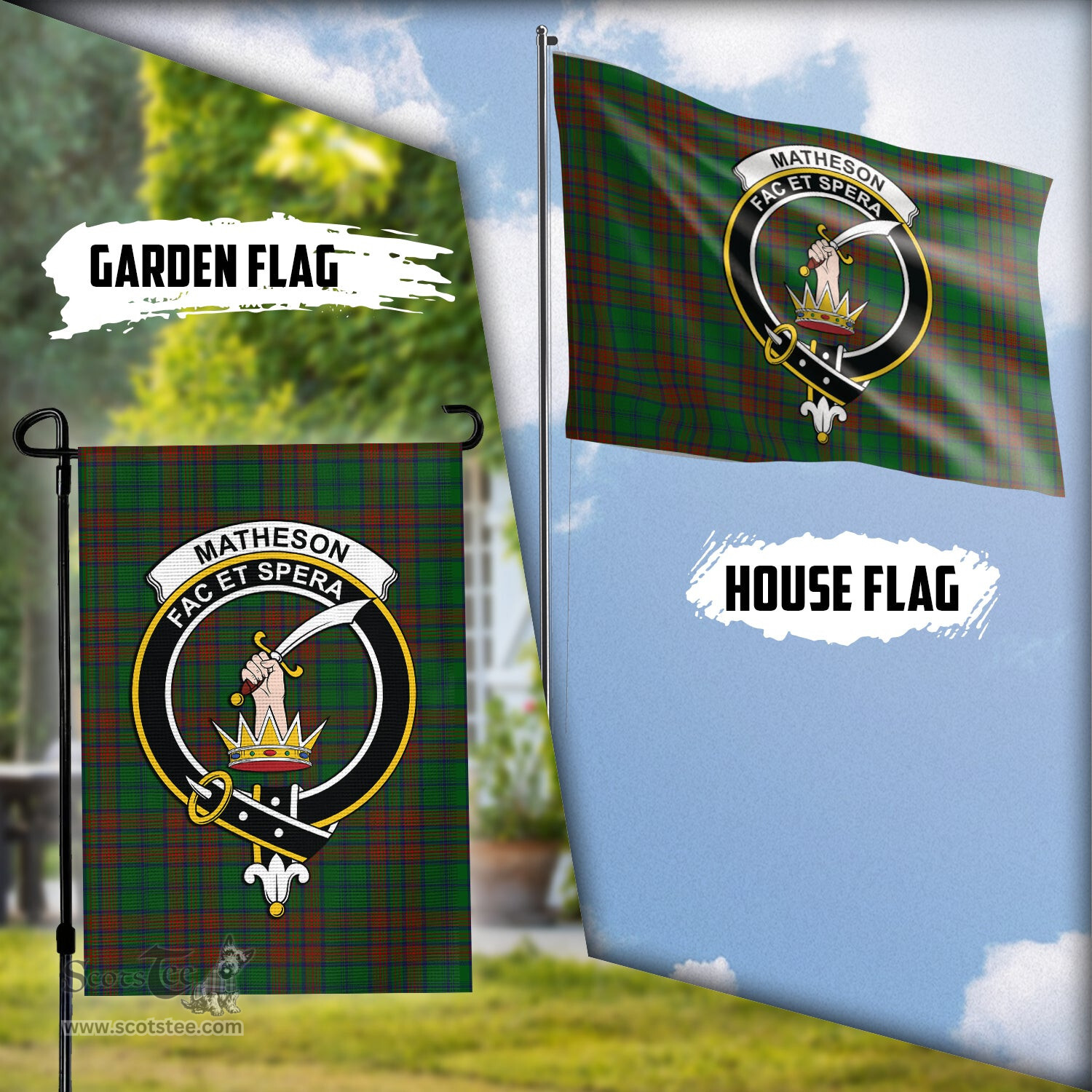 Scottish Matheson Hunting Highland Tartan Flag with Family Crest - Tartan Garden Flag Scottish Plaid Tartan Plaid - ScotsTee - scotstee.com