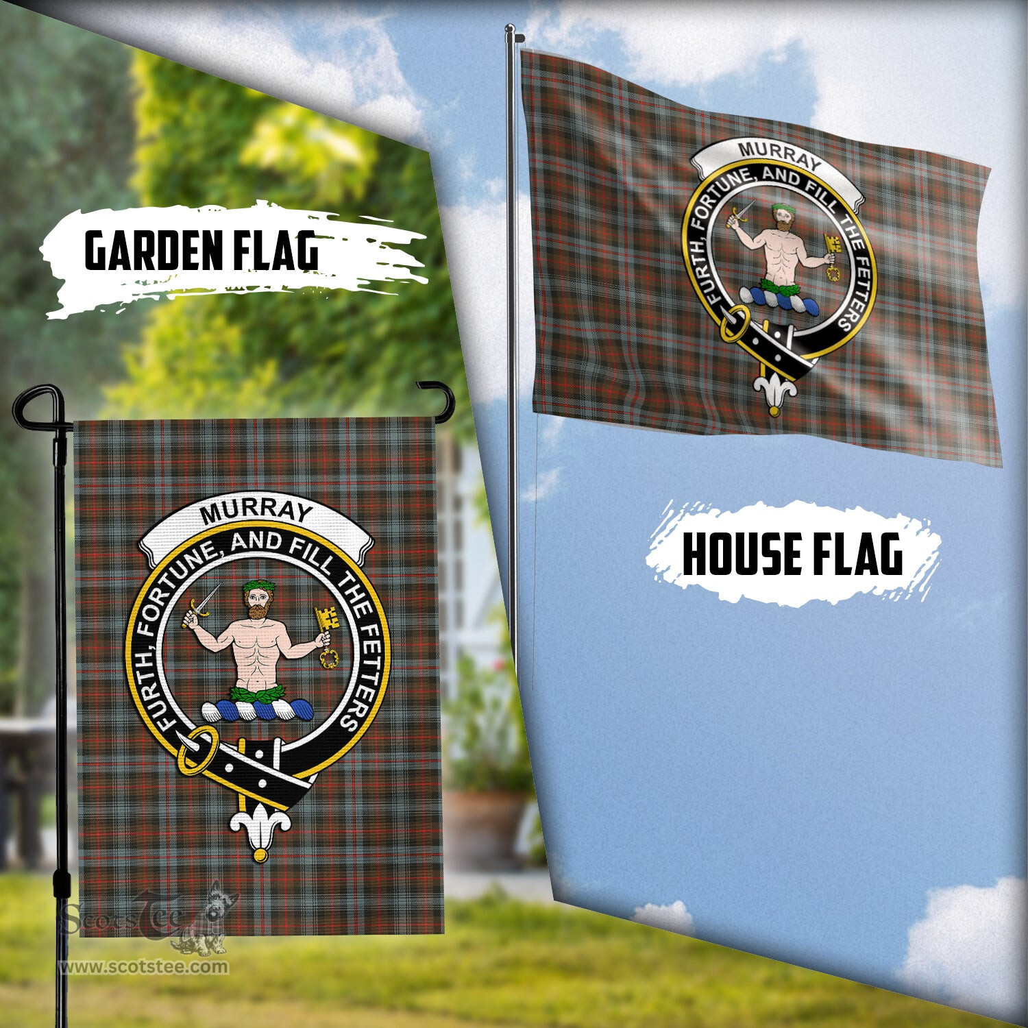 Scottish Murray of Atholl Weathered Tartan Flag with Family Crest - Tartan Garden Flag Scottish Plaid Tartan Plaid - ScotsTee - scotstee.com