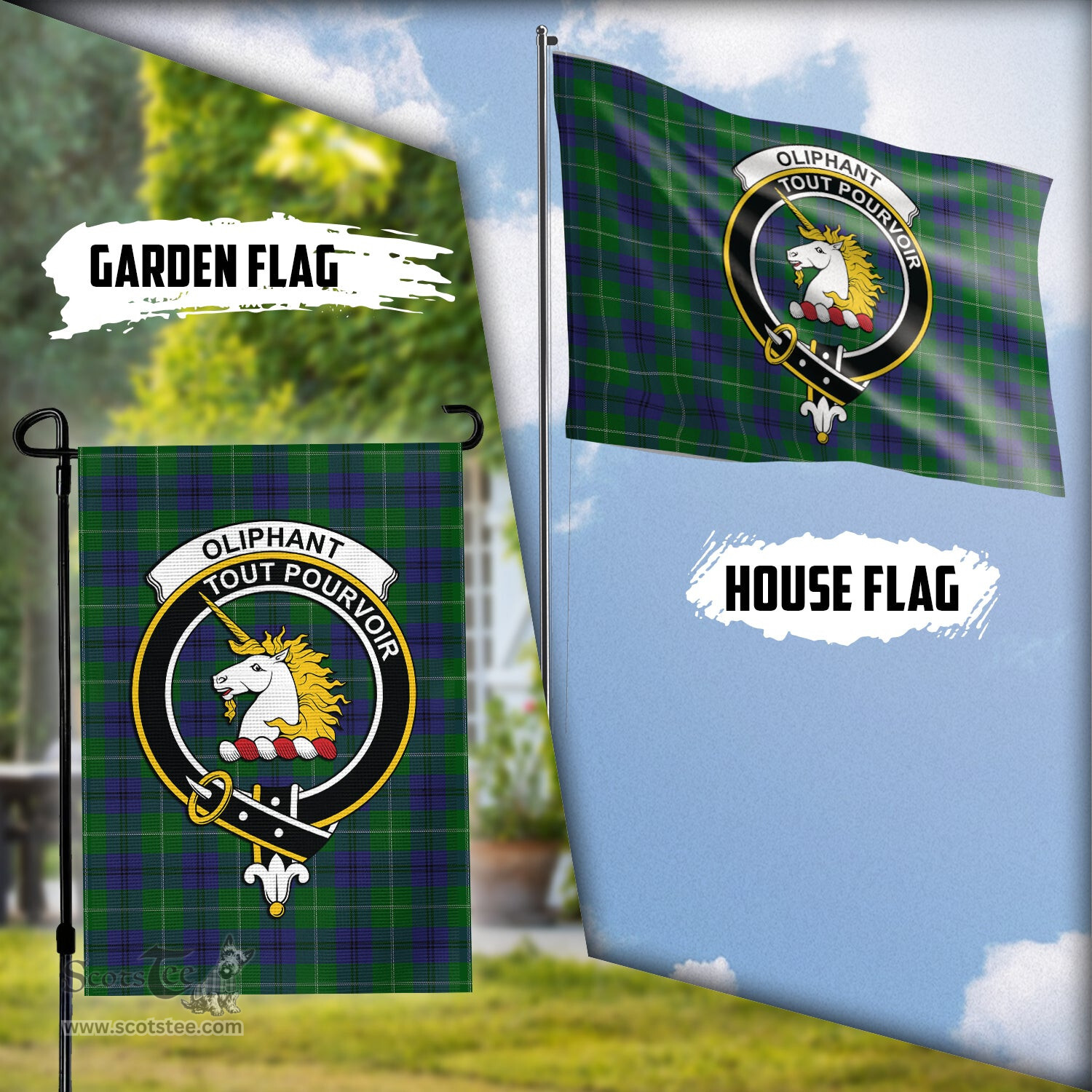 Scottish Oliphant Tartan Flag with Family Crest - Tartan Garden Flag Scottish Plaid Tartan Plaid - ScotsTee - scotstee.com