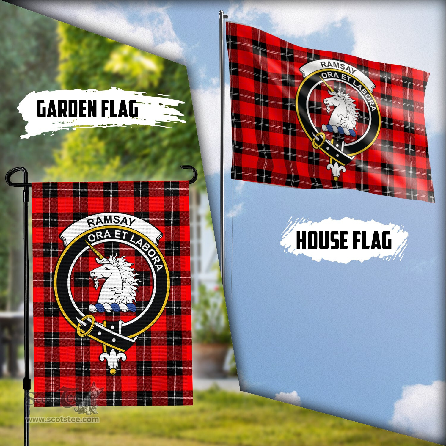 Scottish Ramsay Modern Tartan Flag with Family Crest - Tartan Garden Flag Scottish Plaid Tartan Plaid - ScotsTee - scotstee.com