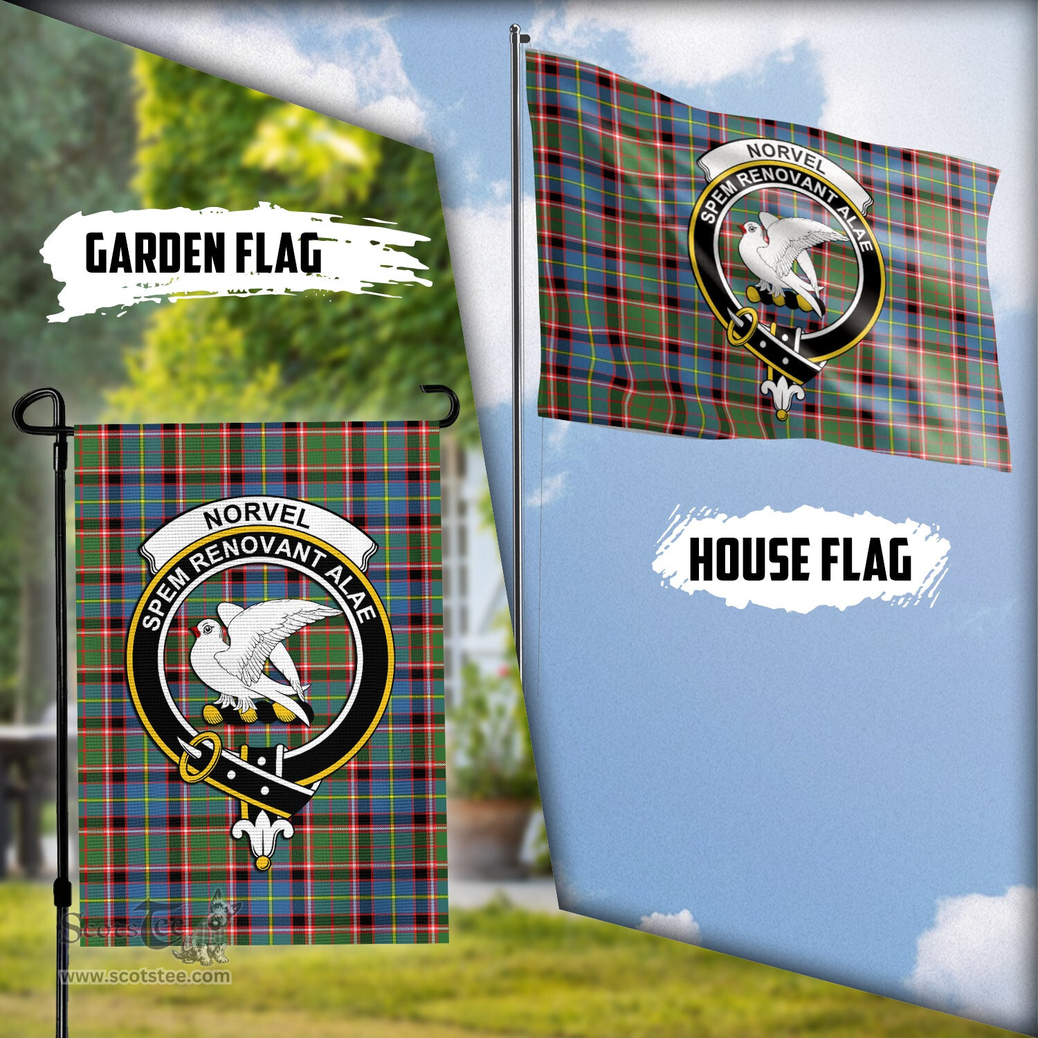 Scottish Norvel Tartan Flag with Family Crest - Tartan Garden Flag Scottish Plaid Tartan Plaid - ScotsTee - scotstee.com