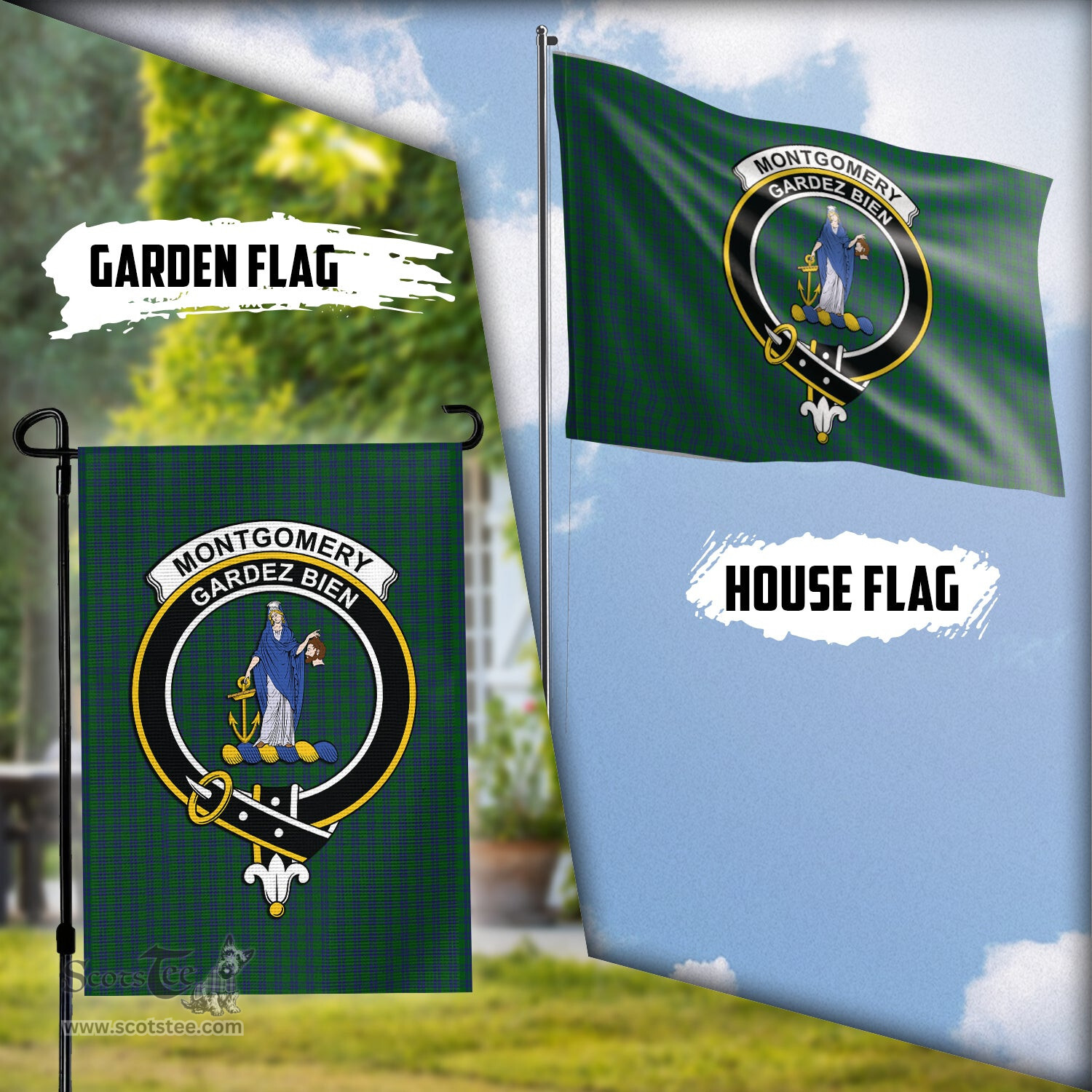 Scottish Montgomery Tartan Flag with Family Crest - Tartan Garden Flag Scottish Plaid Tartan Plaid - ScotsTee - scotstee.com