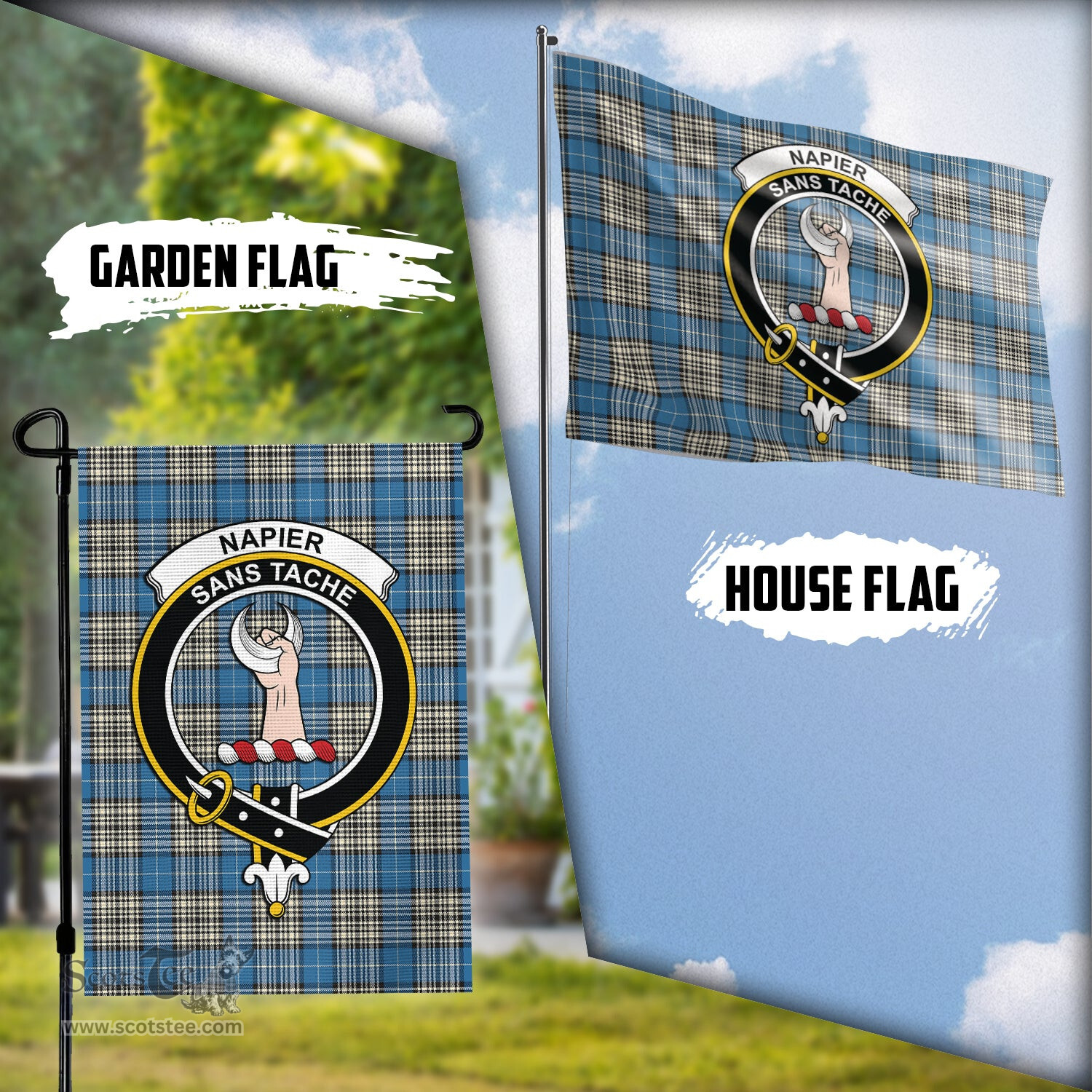 Scottish Napier Ancient Tartan Flag with Family Crest - Tartan Garden Flag Scottish Plaid Tartan Plaid - ScotsTee - scotstee.com