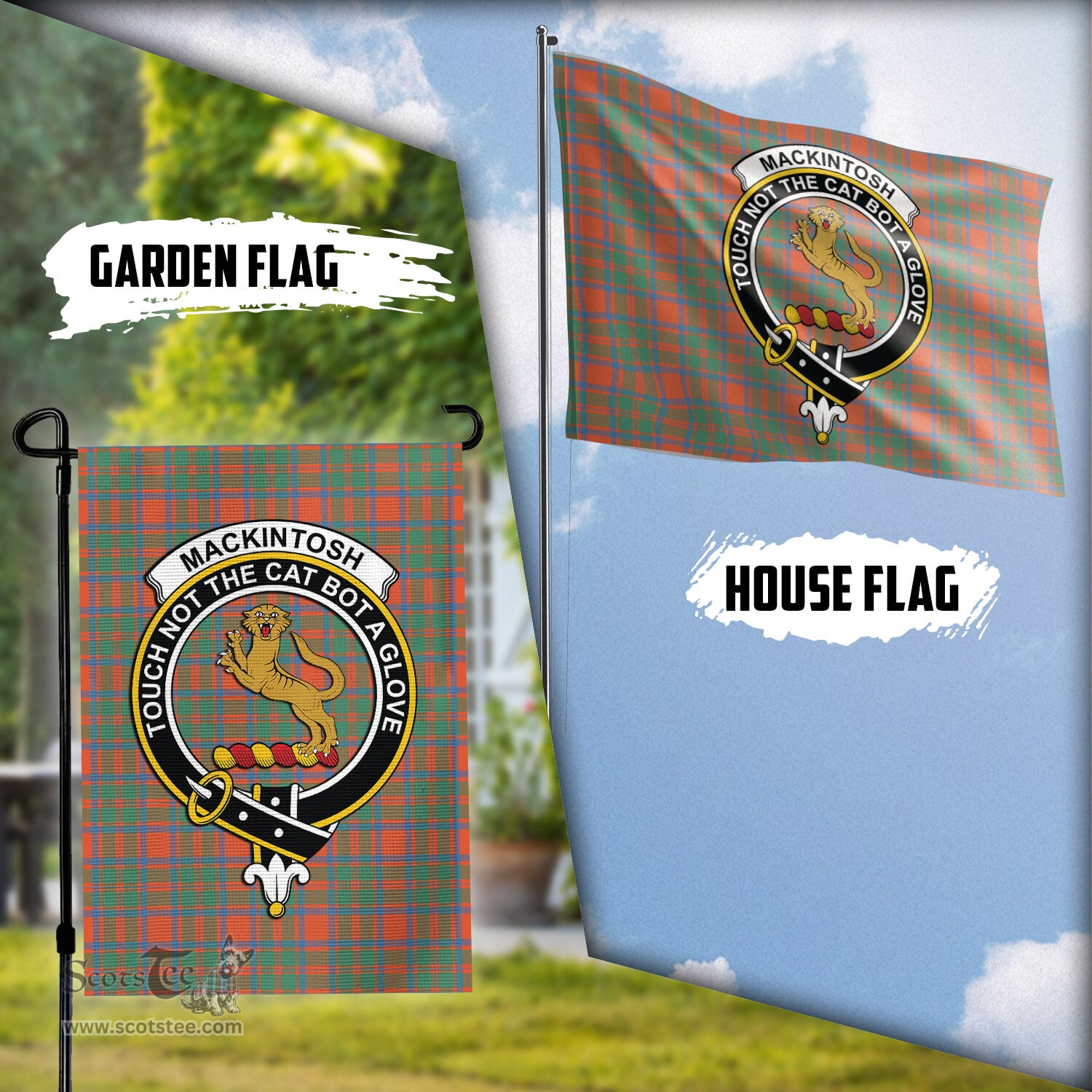 Scottish MacKintosh Ancient Tartan Flag with Family Crest - Tartan Garden Flag Scottish Plaid Tartan Plaid - ScotsTee - scotstee.com
