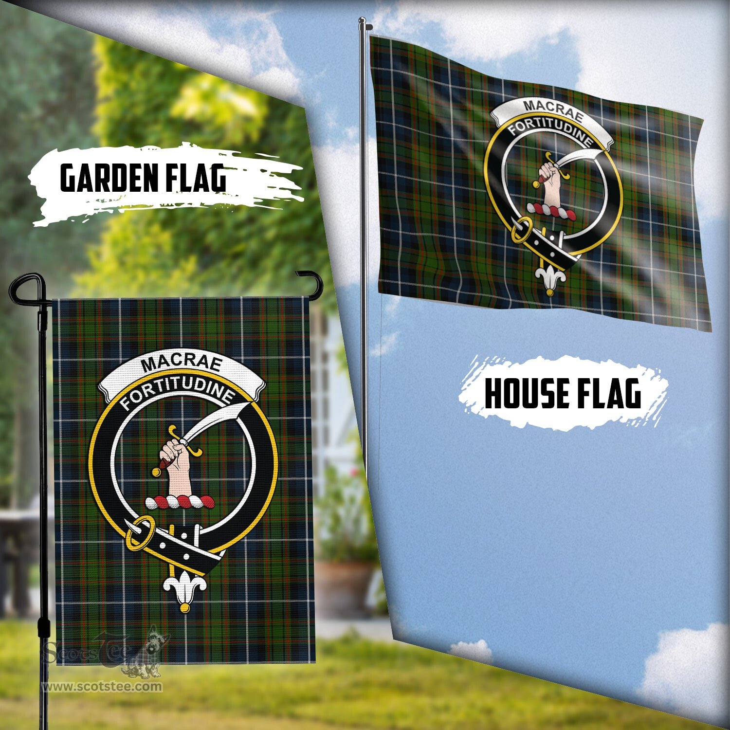 Scottish MacRae Hunting Tartan Flag with Family Crest - Tartan Garden Flag Scottish Plaid Tartan Plaid - ScotsTee - scotstee.com