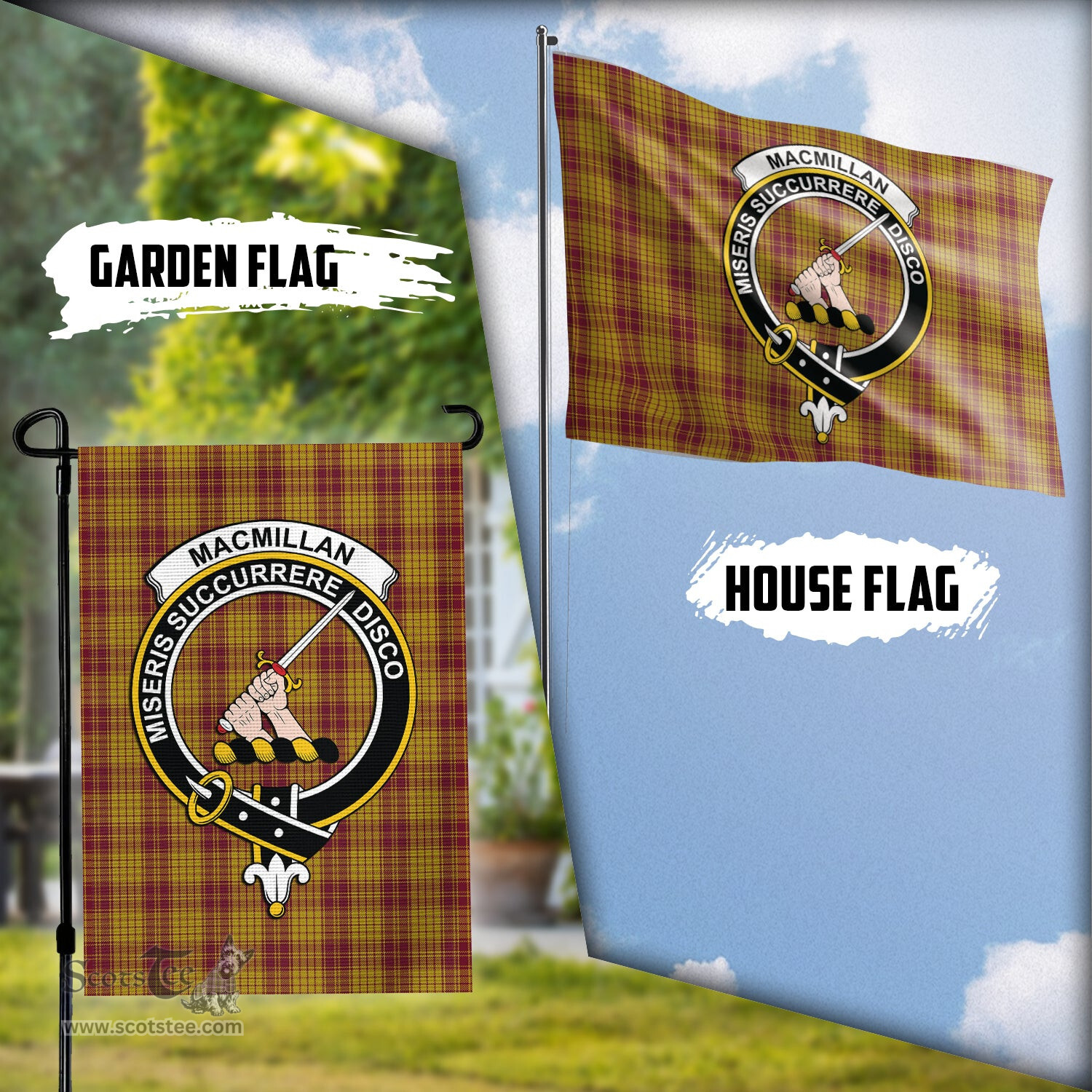 Scottish MacMillan Dress Tartan Flag with Family Crest - Tartan Garden Flag Scottish Plaid Tartan Plaid - ScotsTee - scotstee.com