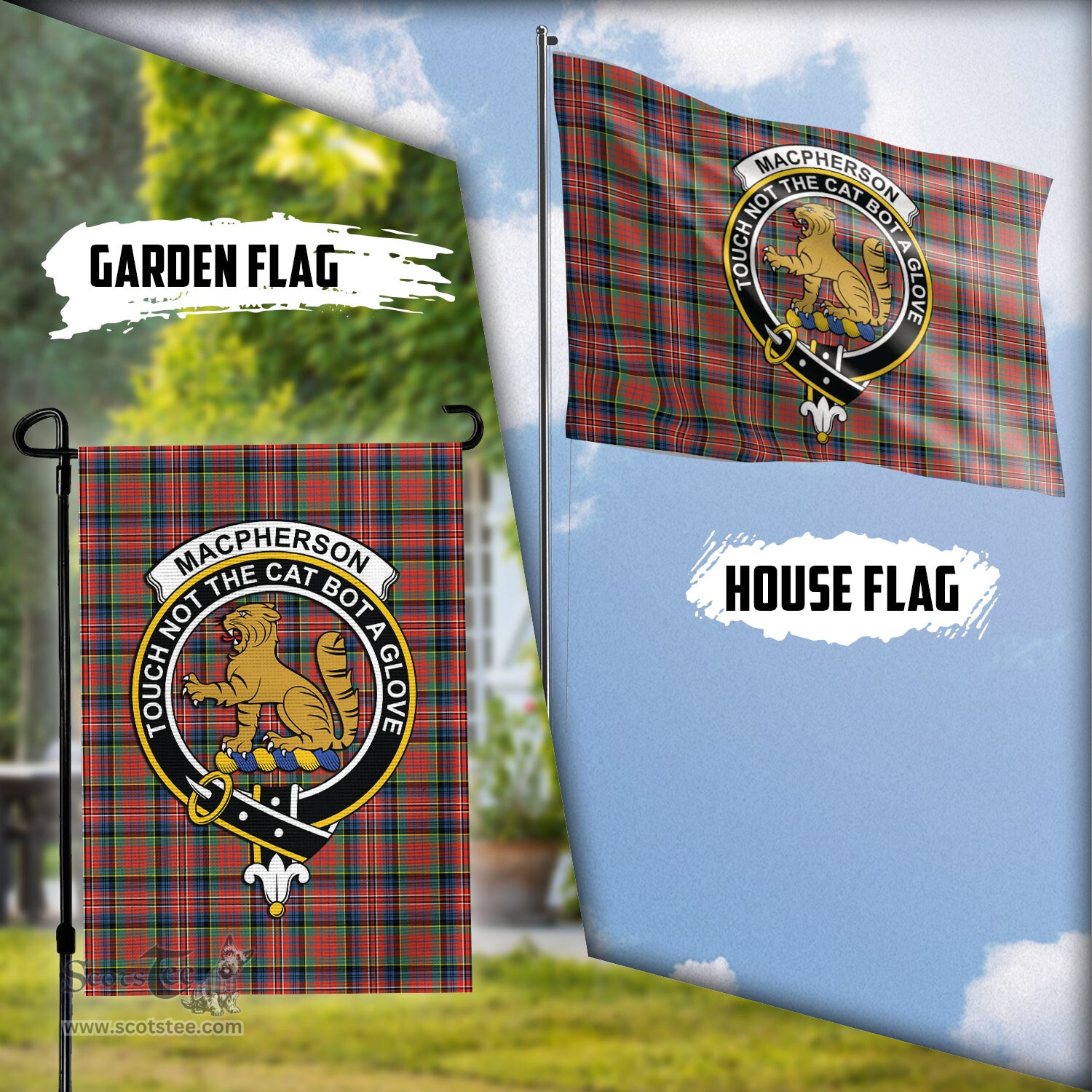 Scottish MacPherson Ancient Tartan Flag with Family Crest - Tartan Garden Flag Scottish Plaid Tartan Plaid - ScotsTee - scotstee.com
