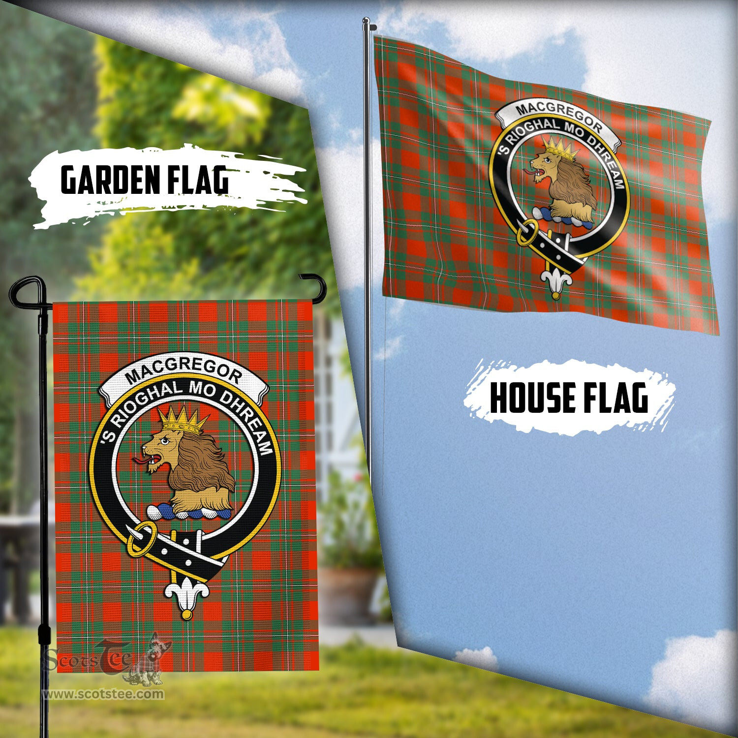 Scottish MacGregor Ancient Tartan Flag with Family Crest - Tartan Garden Flag Scottish Plaid Tartan Plaid - ScotsTee - scotstee.com