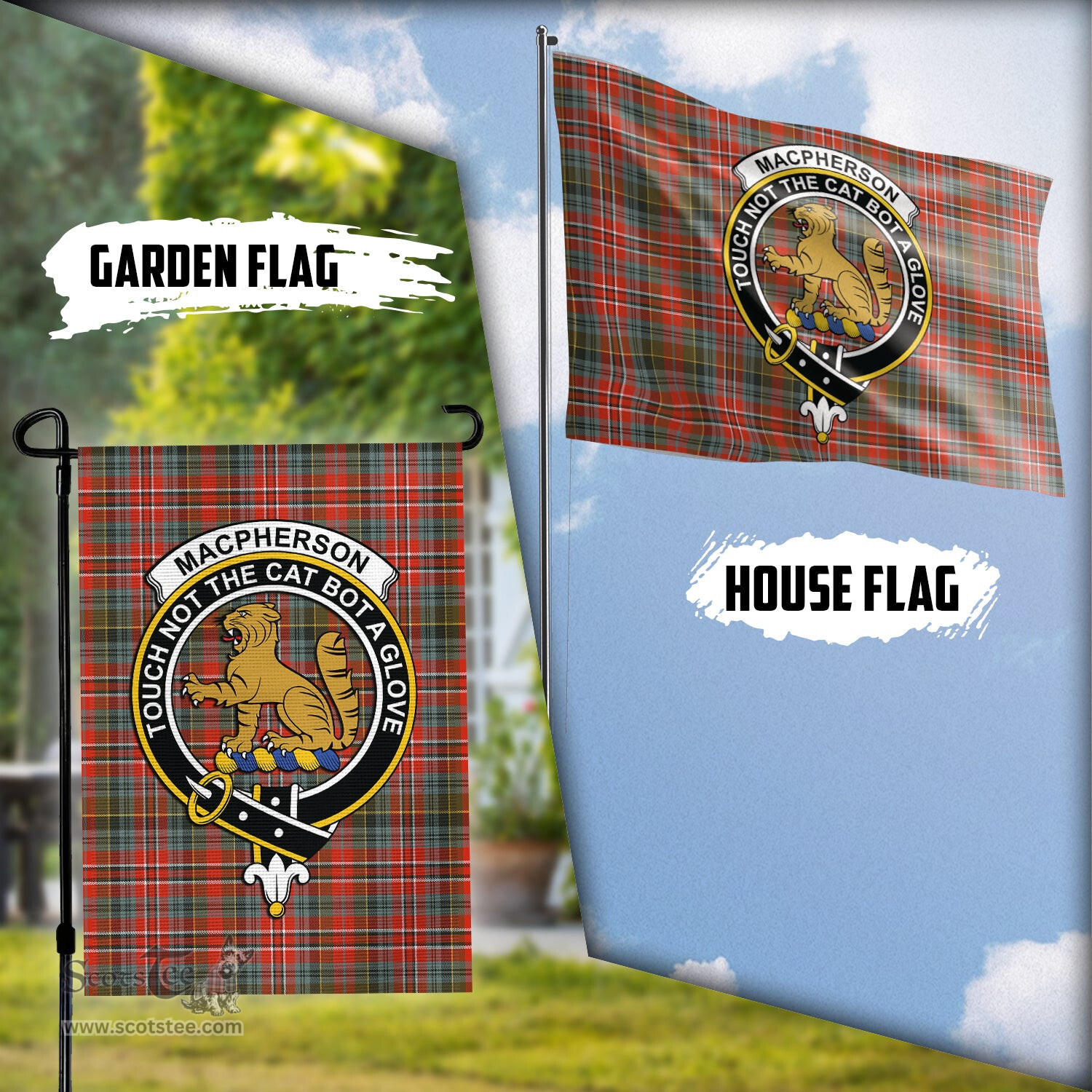 Scottish MacPherson Weathered Tartan Flag with Family Crest - Tartan Garden Flag Scottish Plaid Tartan Plaid - ScotsTee - scotstee.com