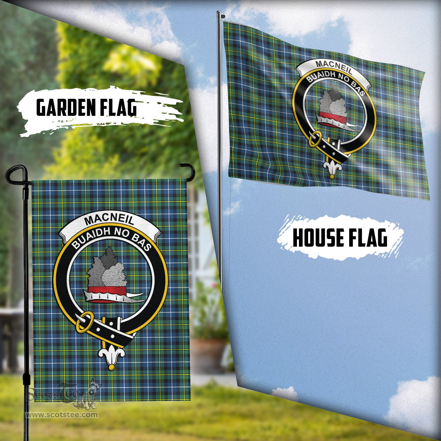 Scottish MacNeil of Barra Ancient Tartan Flag with Family Crest - Tartan Garden Flag Scottish Plaid Tartan Plaid - ScotsTee - scotstee.com