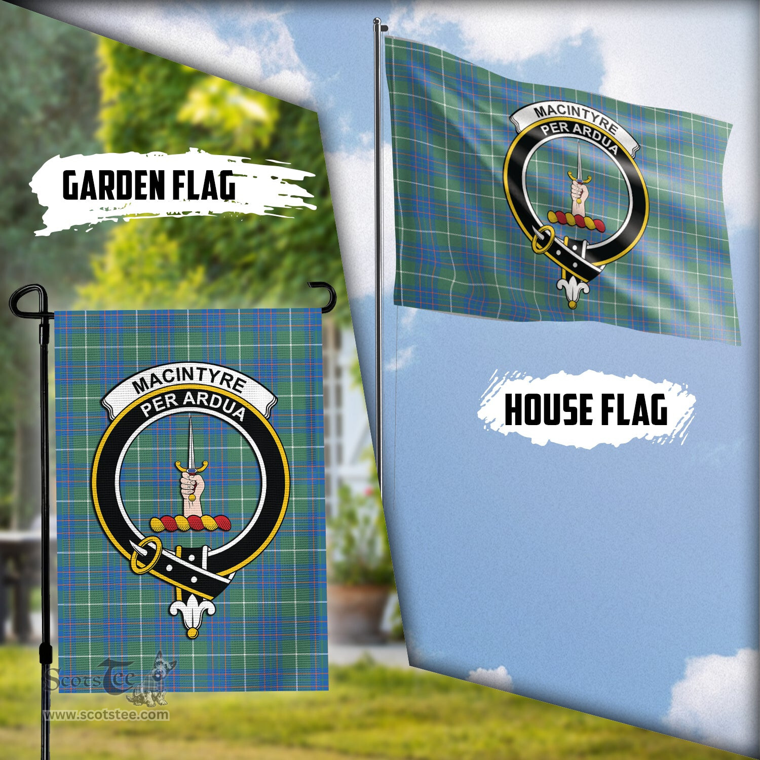 Scottish MacIntyre Hunting Ancient Tartan Flag with Family Crest - Tartan Garden Flag Scottish Plaid Tartan Plaid - ScotsTee - scotstee.com