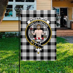 Scottish MacFarlane Black White Tartan Flag with Family Crest - Tartan Garden Flag Scottish Plaid Tartan Plaid - ScotsTee - scotstee.com