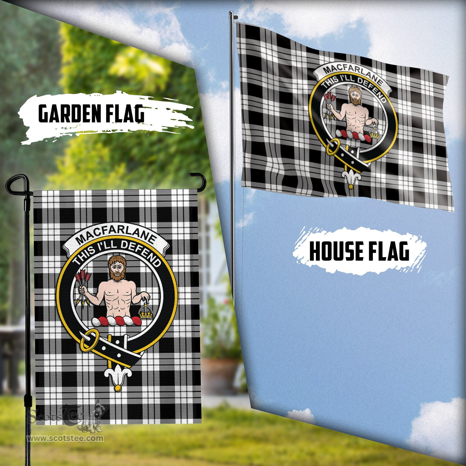 Scottish MacFarlane Black White Tartan Flag with Family Crest - Tartan Garden Flag Scottish Plaid Tartan Plaid - ScotsTee - scotstee.com
