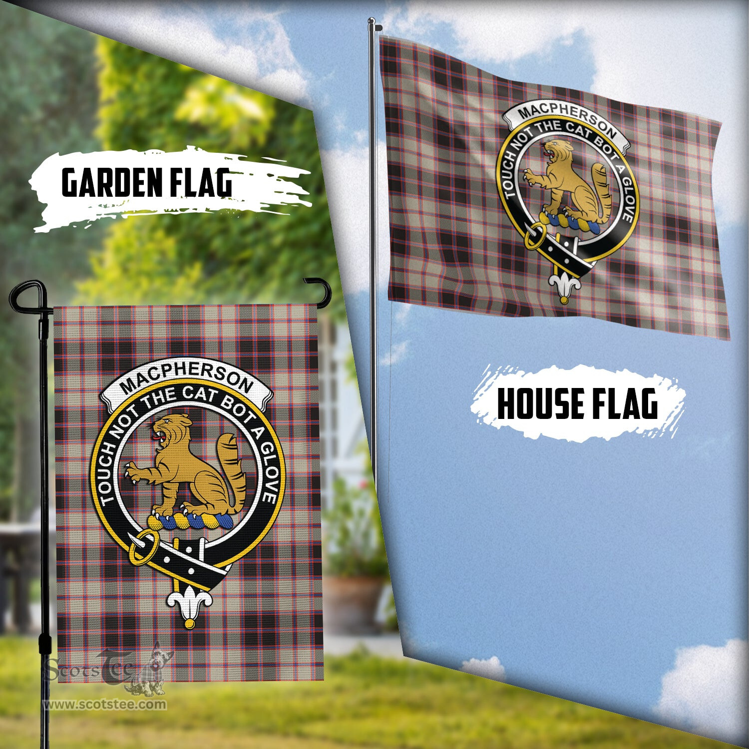 Scottish MacPherson Hunting Ancient Tartan Flag with Family Crest - Tartan Garden Flag Scottish Plaid Tartan Plaid - ScotsTee - scotstee.com