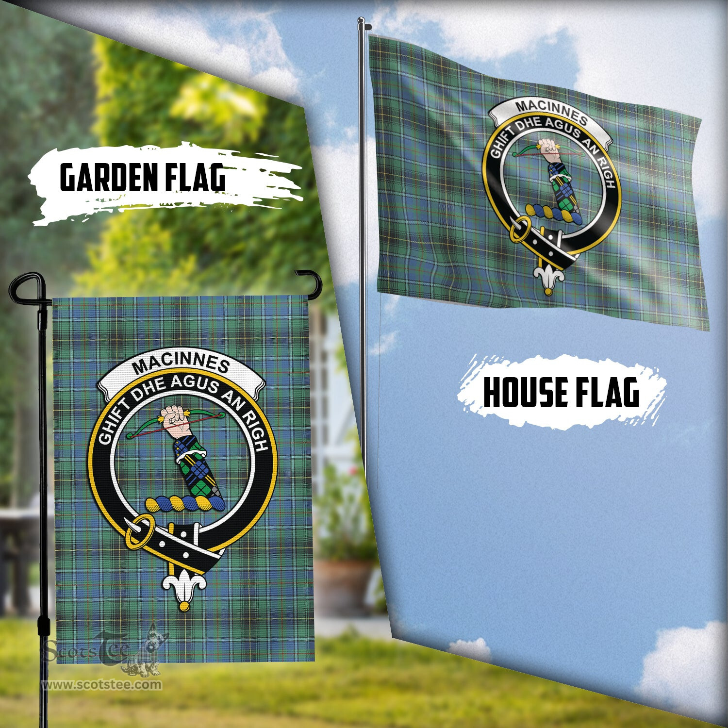 Scottish MacInnes Ancient Tartan Flag with Family Crest - Tartan Garden Flag Scottish Plaid Tartan Plaid - ScotsTee - scotstee.com