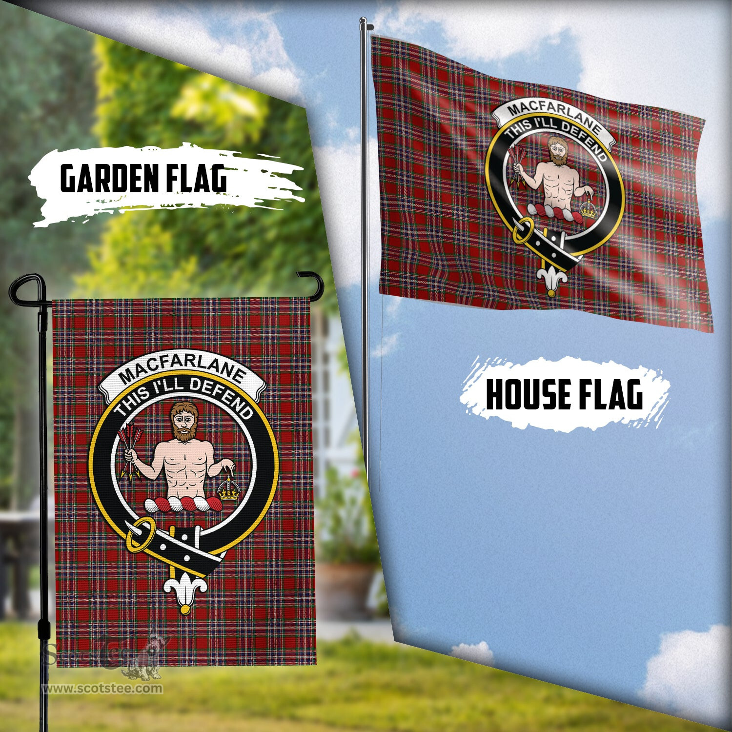 Scottish MacFarlane Red Tartan Flag with Family Crest - Tartan Garden Flag Scottish Plaid Tartan Plaid - ScotsTee - scotstee.com