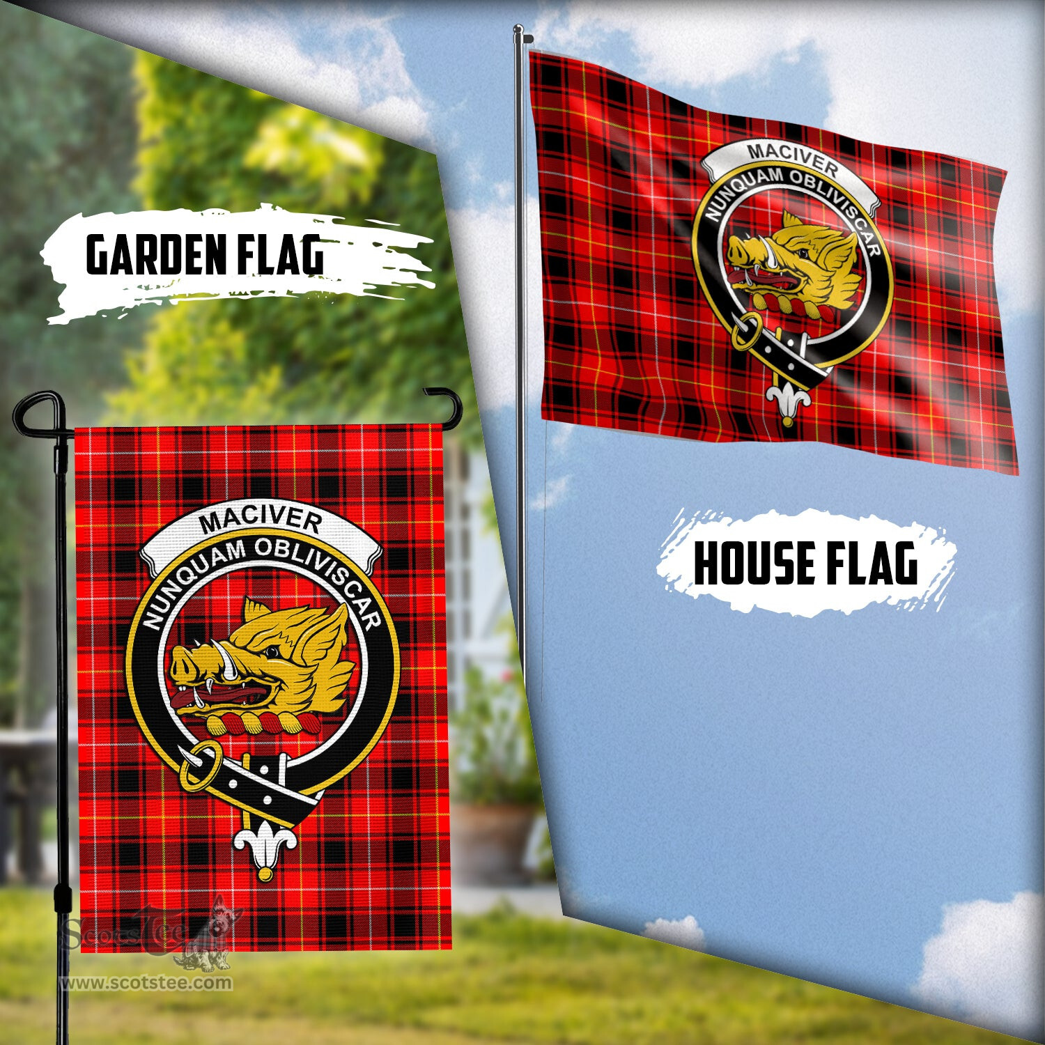Scottish MacIver Modern Tartan Flag with Family Crest - Tartan Garden Flag Scottish Plaid Tartan Plaid - ScotsTee - scotstee.com