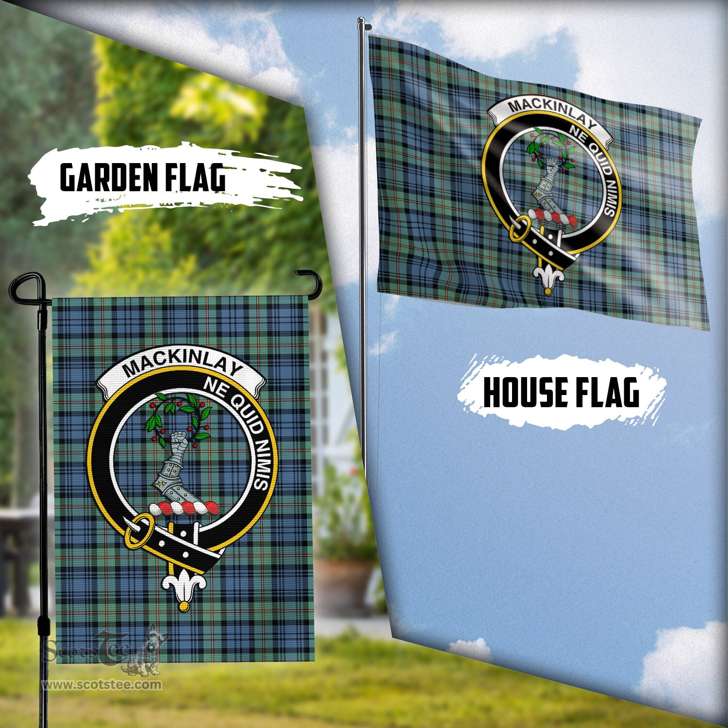 Scottish MacKinlay Ancient Tartan Flag with Family Crest - Tartan Garden Flag Scottish Plaid Tartan Plaid - ScotsTee - scotstee.com