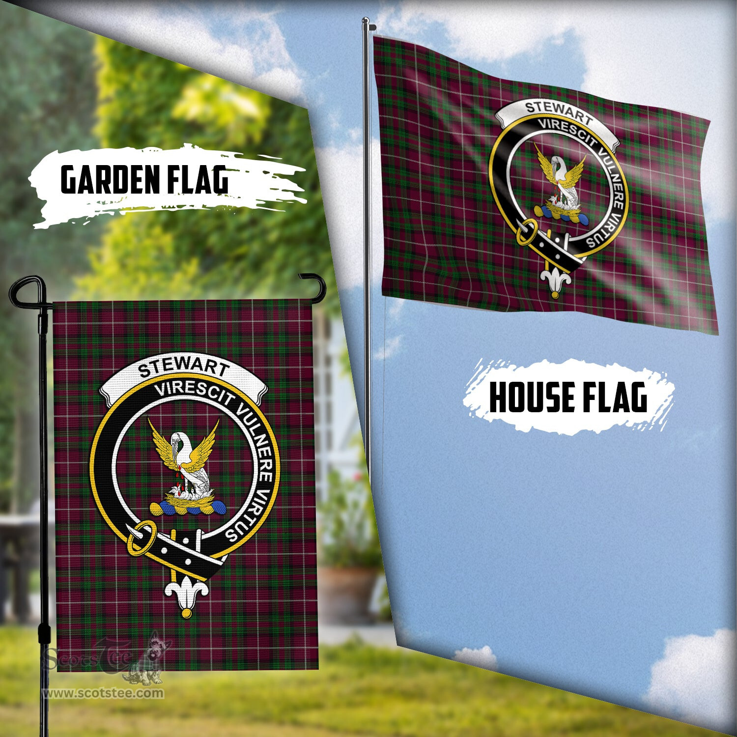 Scottish Stewart of Bute Hunting Tartan Flag with Family Crest - Tartan Garden Flag Scottish Plaid Tartan Plaid - ScotsTee - scotstee.com