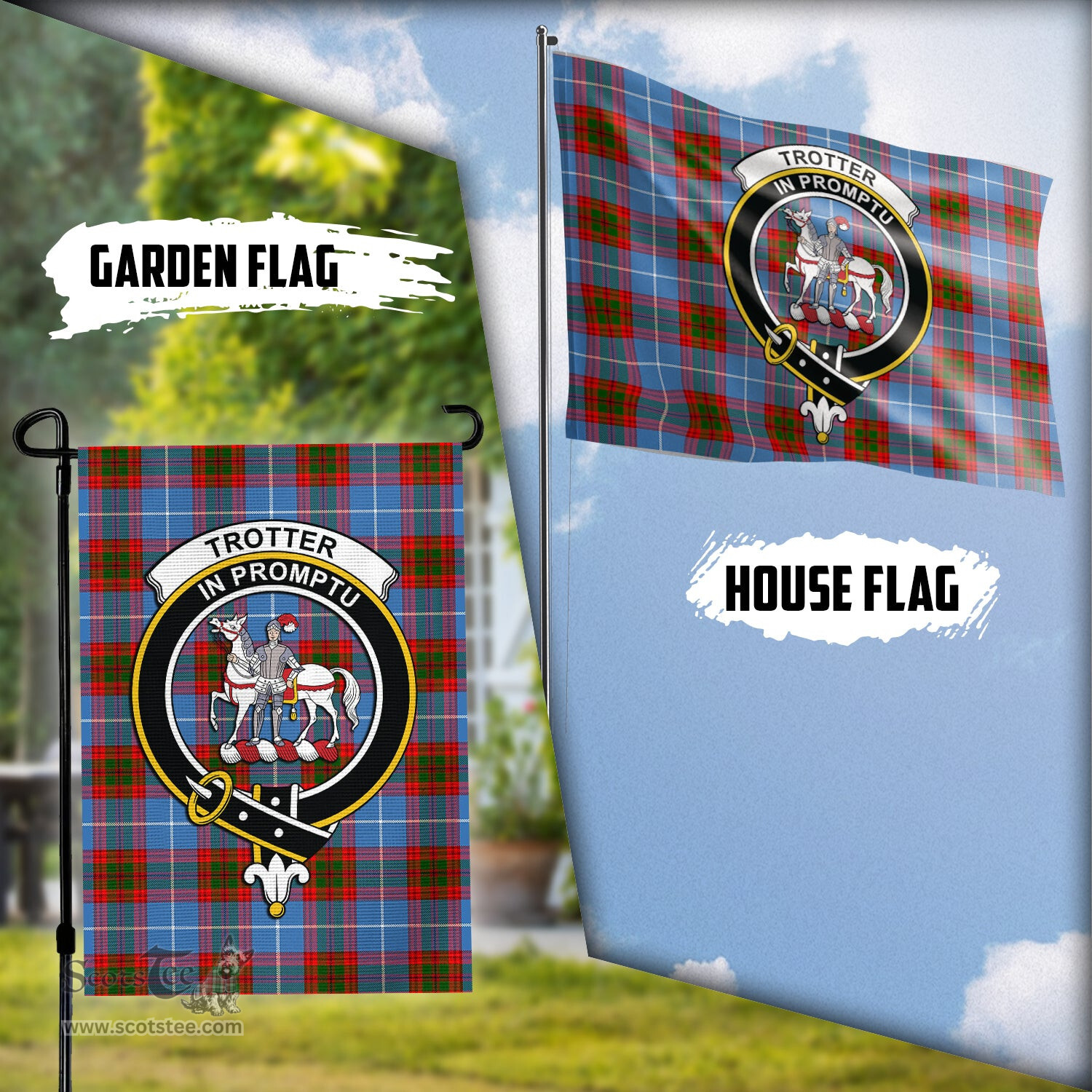 Scottish Trotter Tartan Flag with Family Crest - Tartan Garden Flag Scottish Plaid Tartan Plaid - ScotsTee - scotstee.com