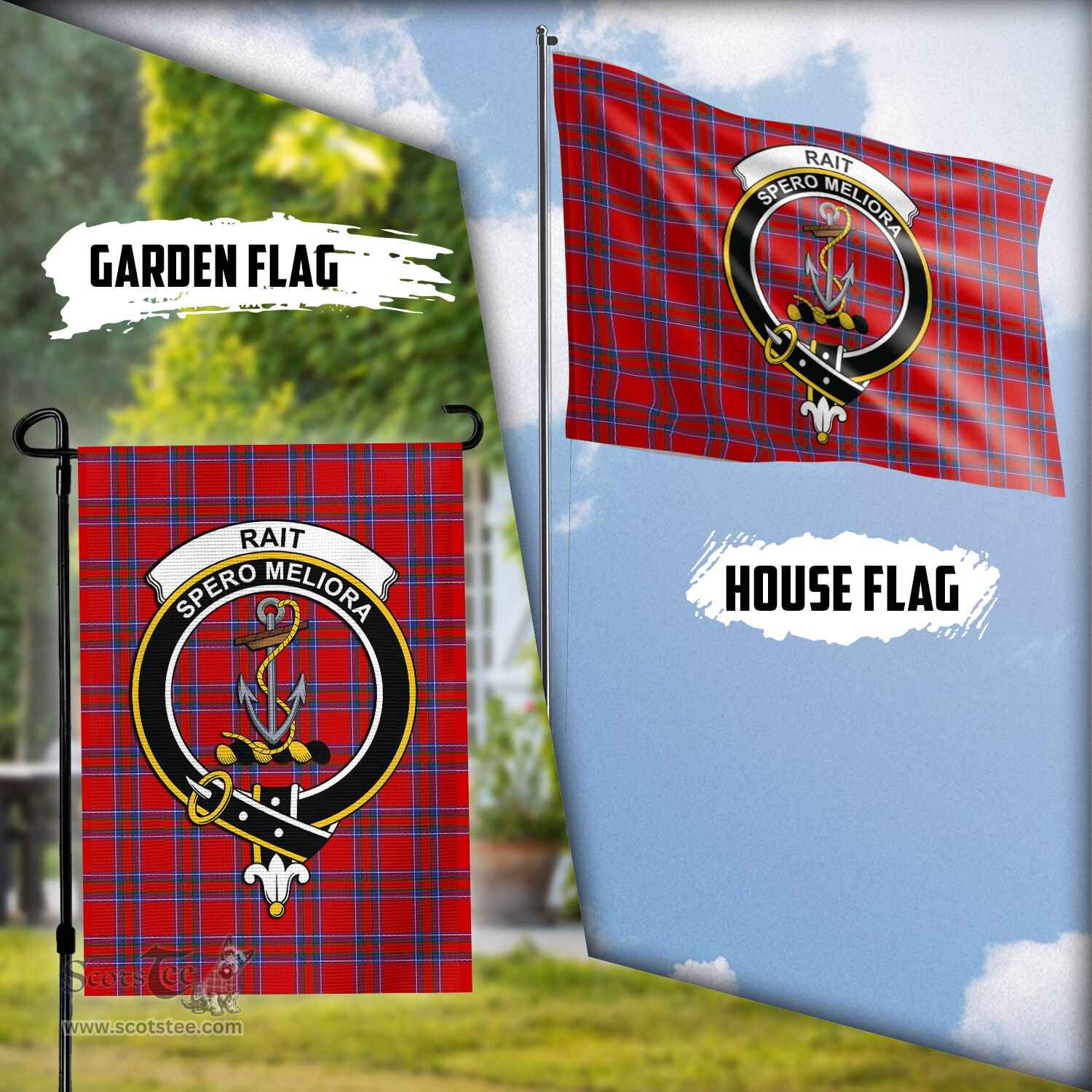 Scottish Rait Tartan Flag with Family Crest - Tartan Garden Flag Scottish Plaid Tartan Plaid - ScotsTee - scotstee.com