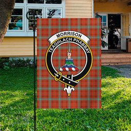 Scottish Morrison Red Ancient Tartan Flag with Family Crest - Tartan Garden Flag Scottish Plaid Tartan Plaid - ScotsTee - scotstee.com