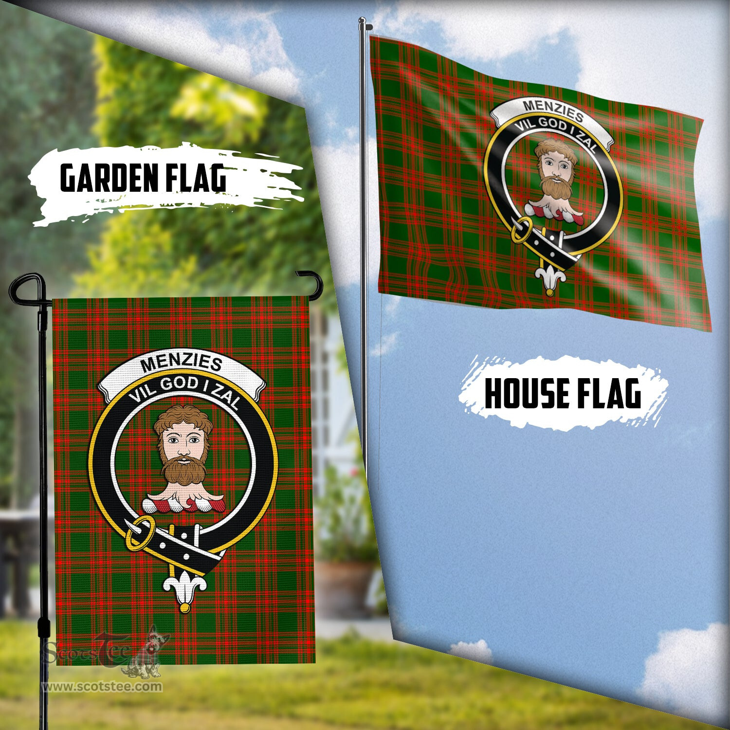 Scottish Menzies Green Modern Tartan Flag with Family Crest - Tartan Garden Flag Scottish Plaid Tartan Plaid - ScotsTee - scotstee.com