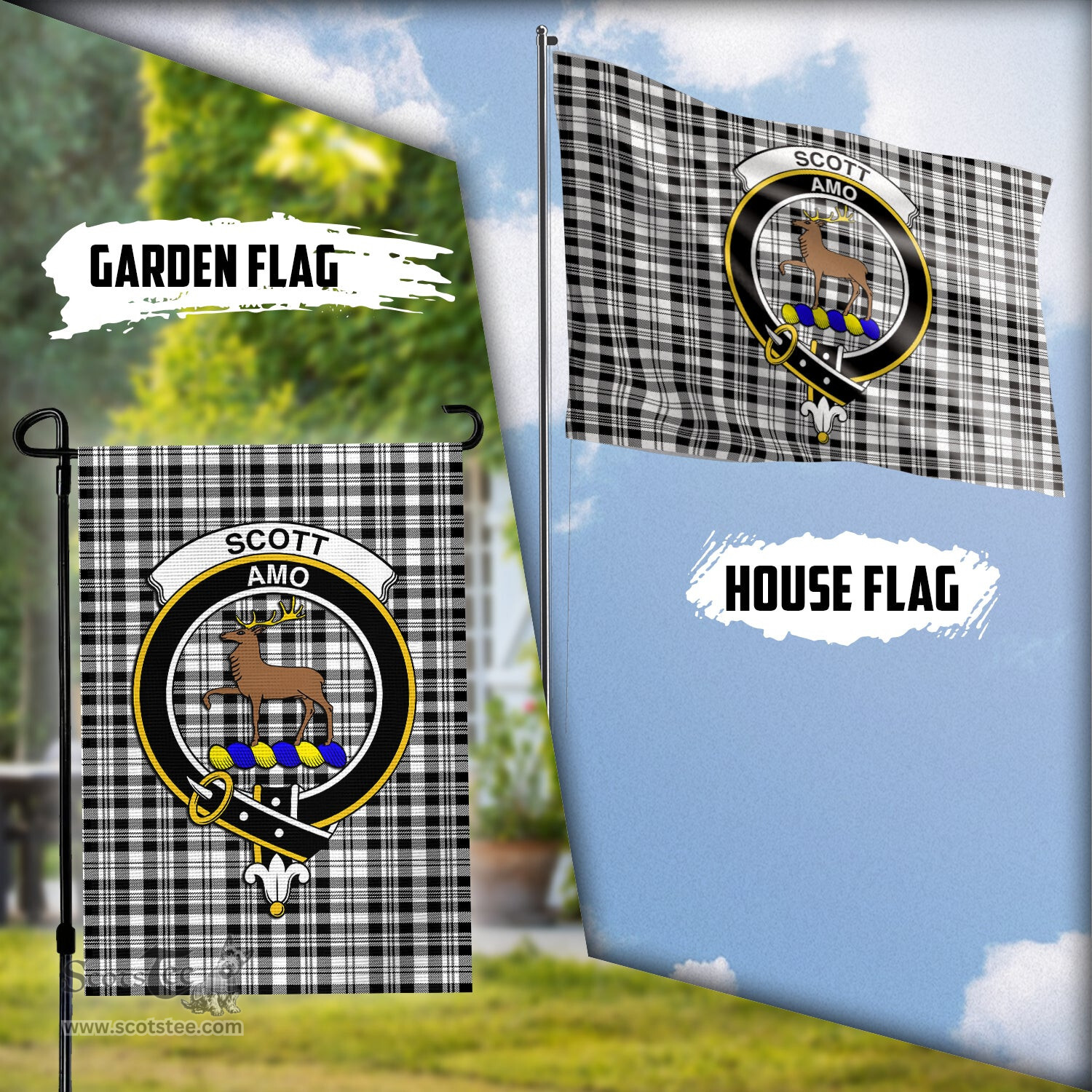 Scottish Scott Black White Tartan Flag with Family Crest - Tartan Garden Flag Scottish Plaid Tartan Plaid - ScotsTee - scotstee.com
