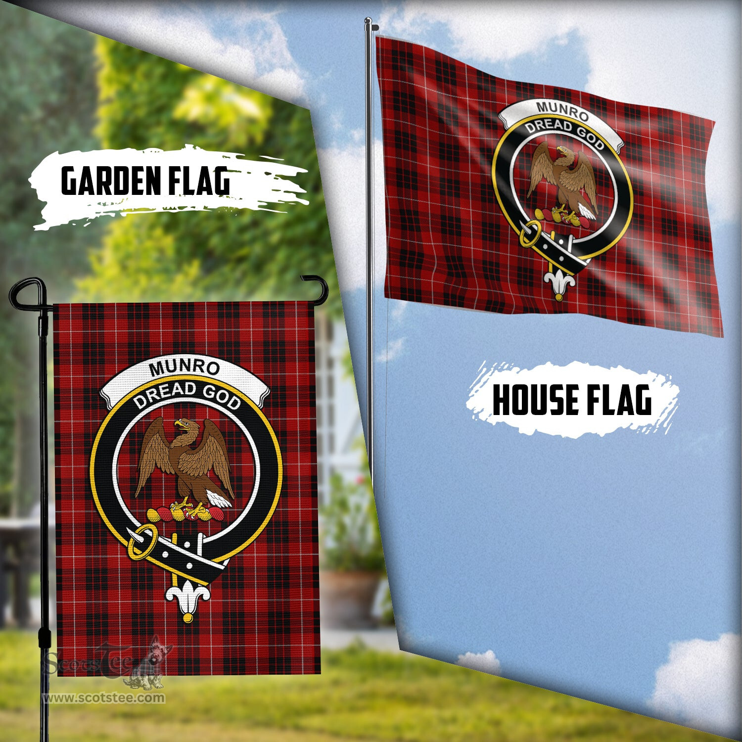 Scottish Munro Black and Red Tartan Flag with Family Crest - Tartan Garden Flag Scottish Plaid Tartan Plaid - ScotsTee - scotstee.com