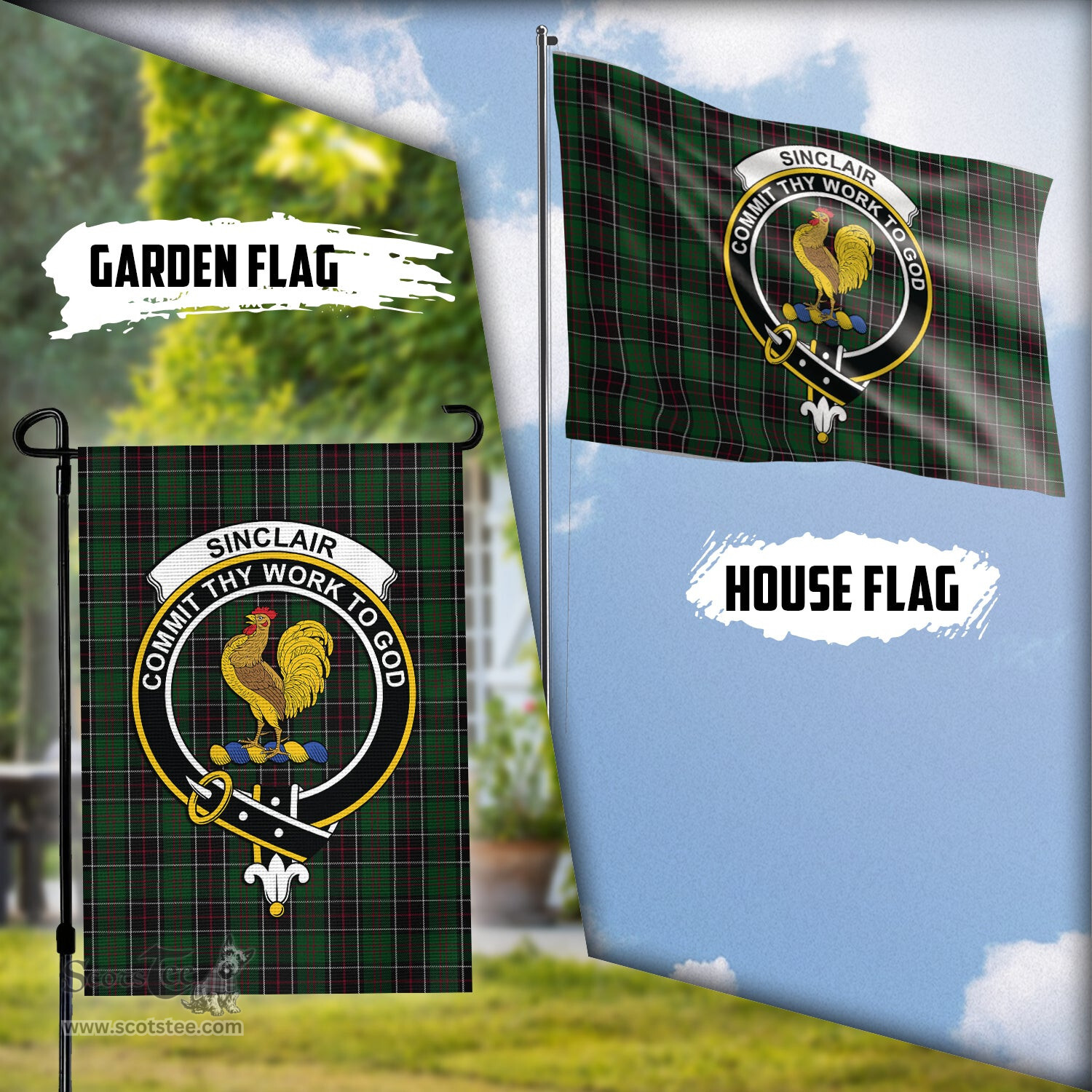 Scottish Sinclair Hunting Tartan Flag with Family Crest - Tartan Garden Flag Scottish Plaid Tartan Plaid - ScotsTee - scotstee.com