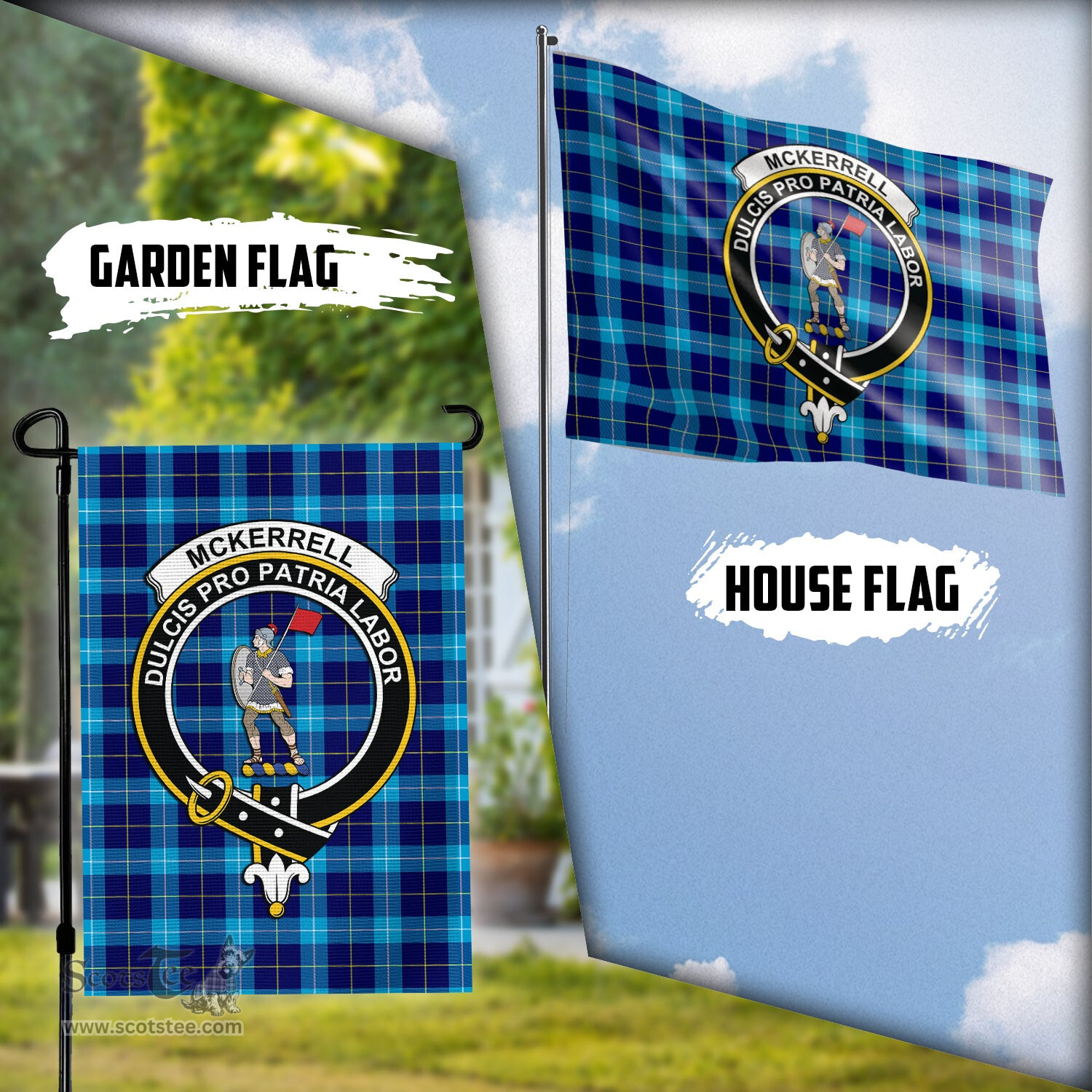 Scottish McKerrell Tartan Flag with Family Crest - Tartan Garden Flag Scottish Plaid Tartan Plaid - ScotsTee - scotstee.com