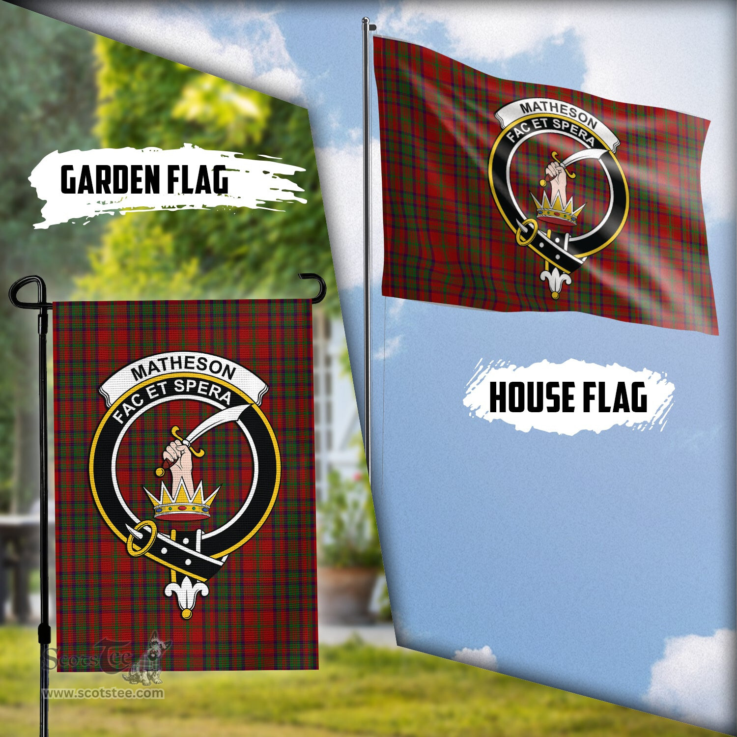 Scottish Matheson Dress Tartan Flag with Family Crest - Tartan Garden Flag Scottish Plaid Tartan Plaid - ScotsTee - scotstee.com
