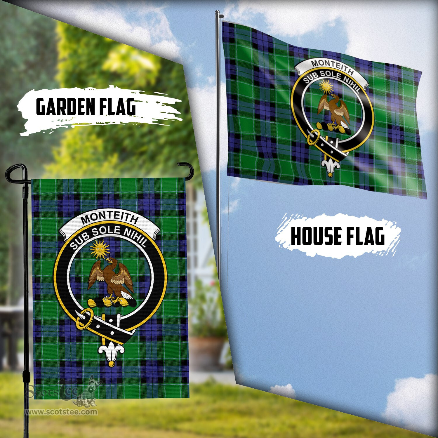 Scottish Monteith Tartan Flag with Family Crest - Tartan Garden Flag Scottish Plaid Tartan Plaid - ScotsTee - scotstee.com