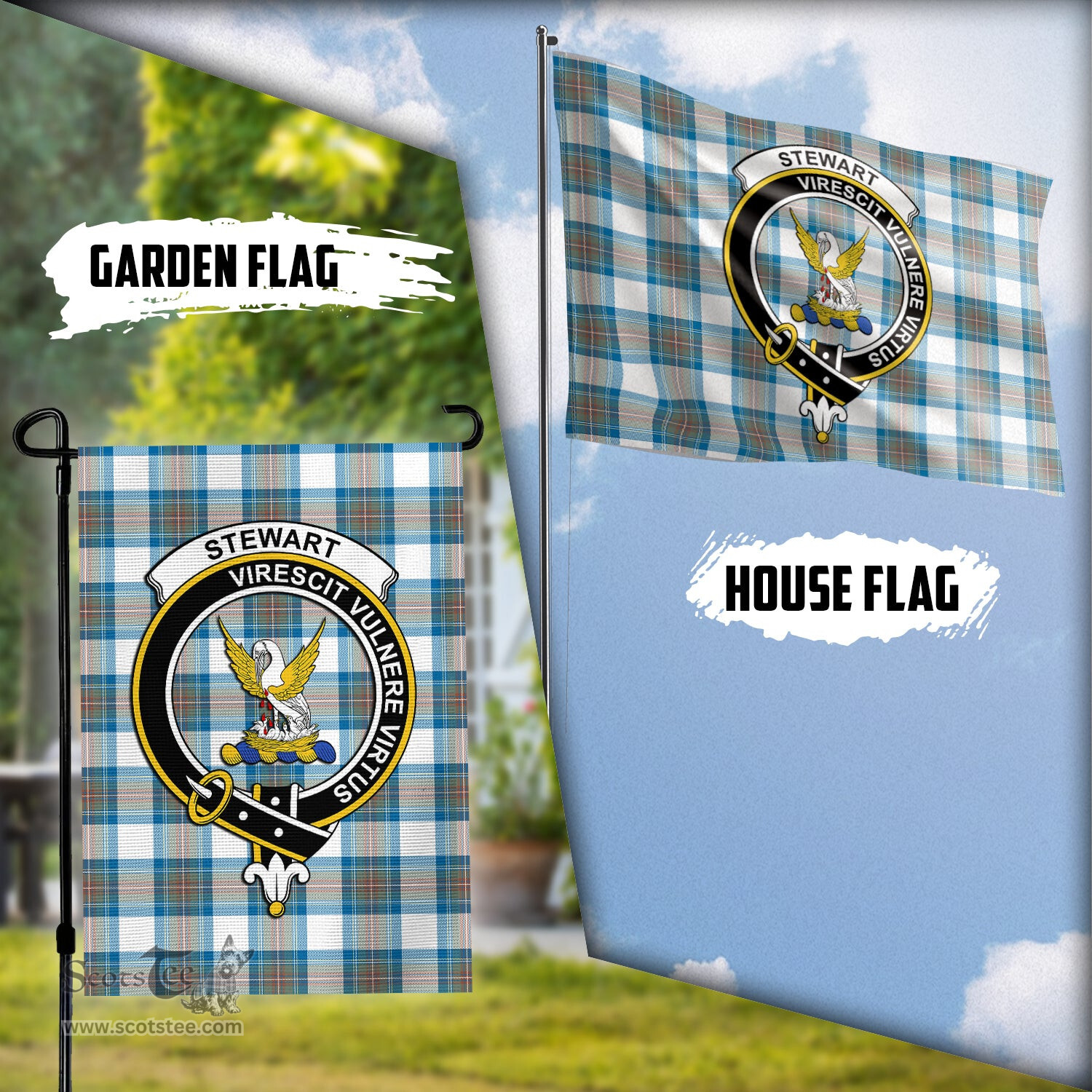 Scottish Stewart Muted Blue Tartan Flag with Family Crest - Tartan Garden Flag Scottish Plaid Tartan Plaid - ScotsTee - scotstee.com