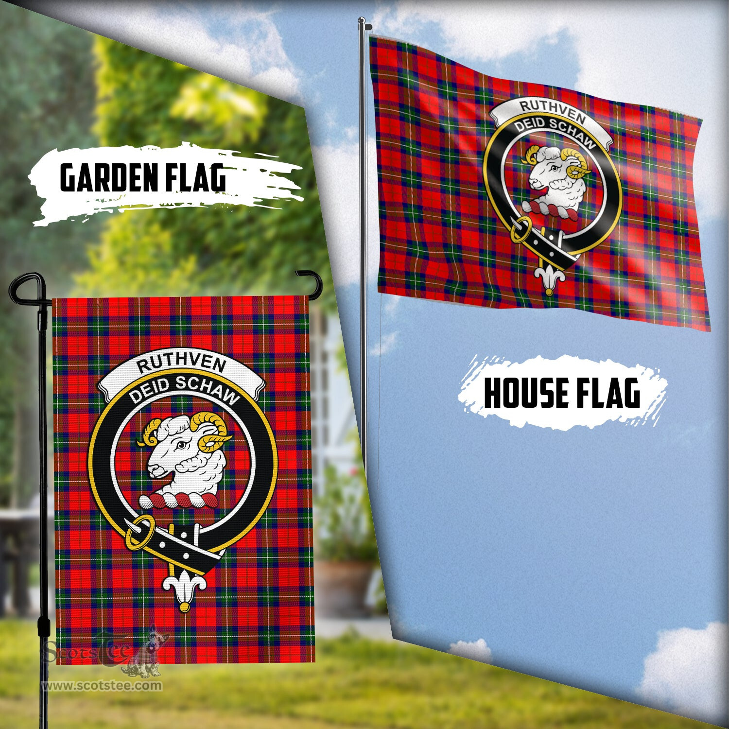 Scottish Ruthven Modern Tartan Flag with Family Crest - Tartan Garden Flag Scottish Plaid Tartan Plaid - ScotsTee - scotstee.com