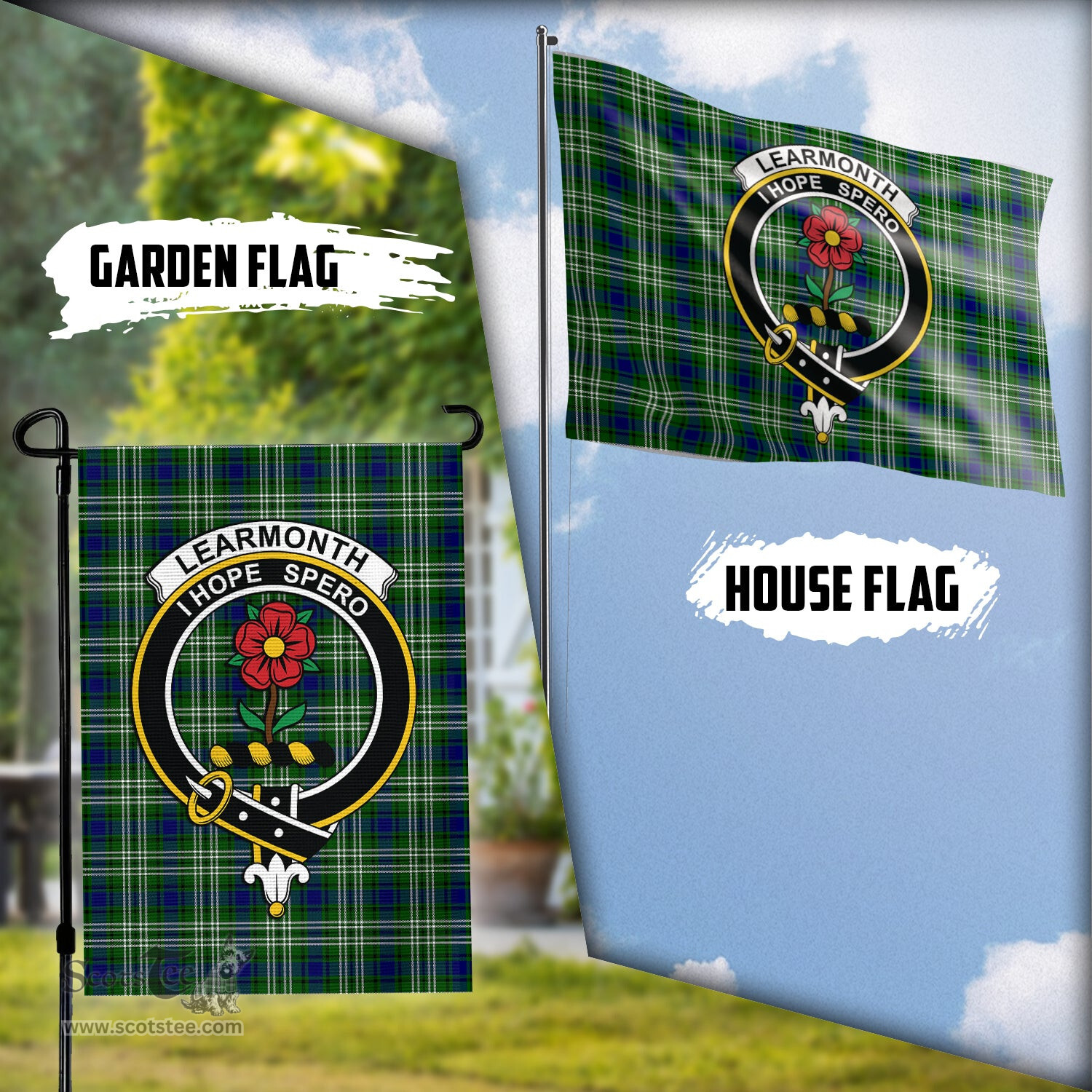 Scottish Learmonth Tartan Flag with Family Crest - Tartan Garden Flag Scottish Plaid Tartan Plaid - ScotsTee - scotstee.com