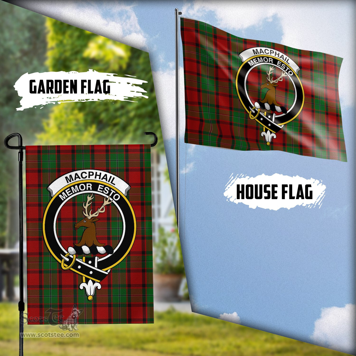 Scottish MacPhail Tartan Flag with Family Crest - Tartan Garden Flag Scottish Plaid Tartan Plaid - ScotsTee - scotstee.com