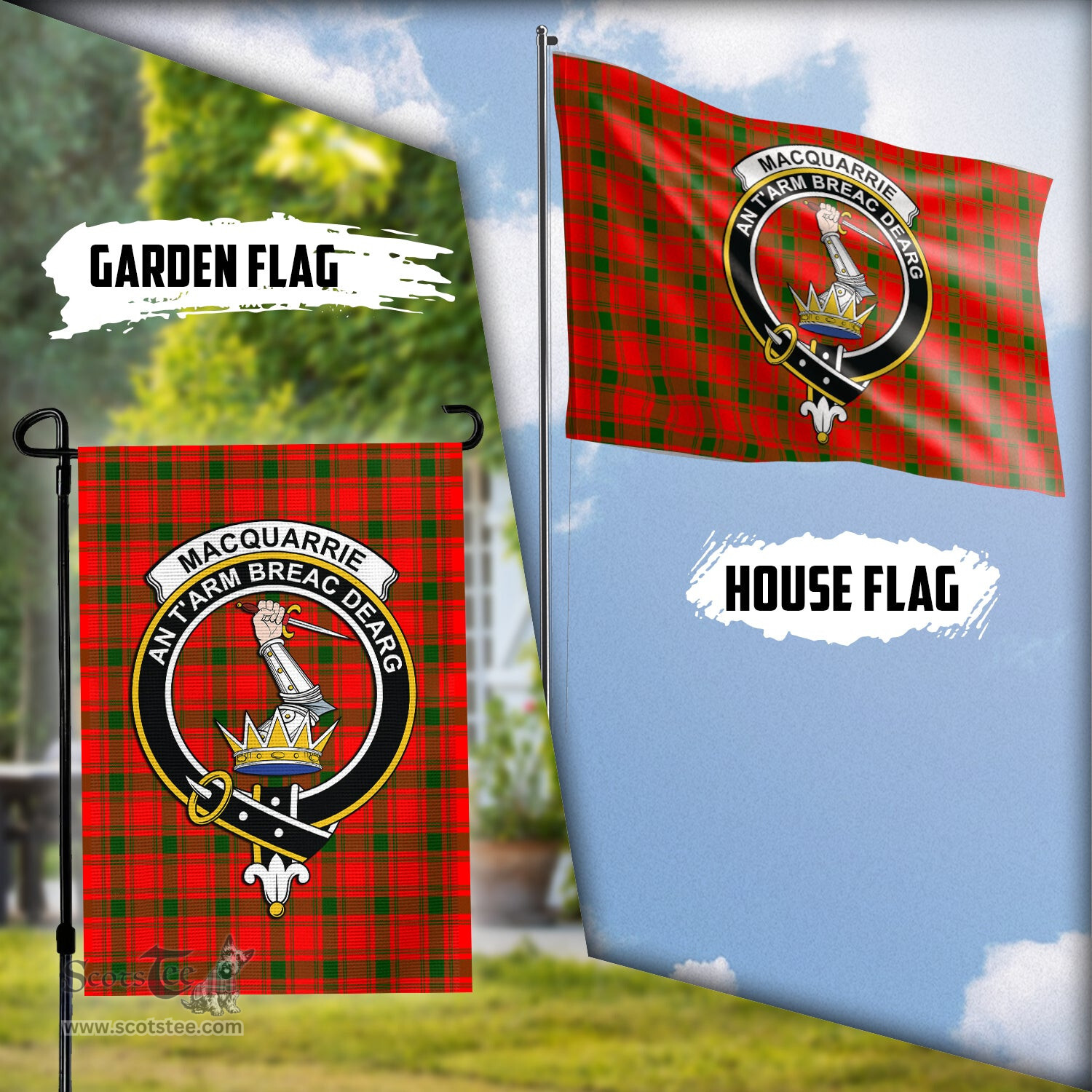 Scottish MacQuarrie Modern Tartan Flag with Family Crest - Tartan Garden Flag Scottish Plaid Tartan Plaid - ScotsTee - scotstee.com