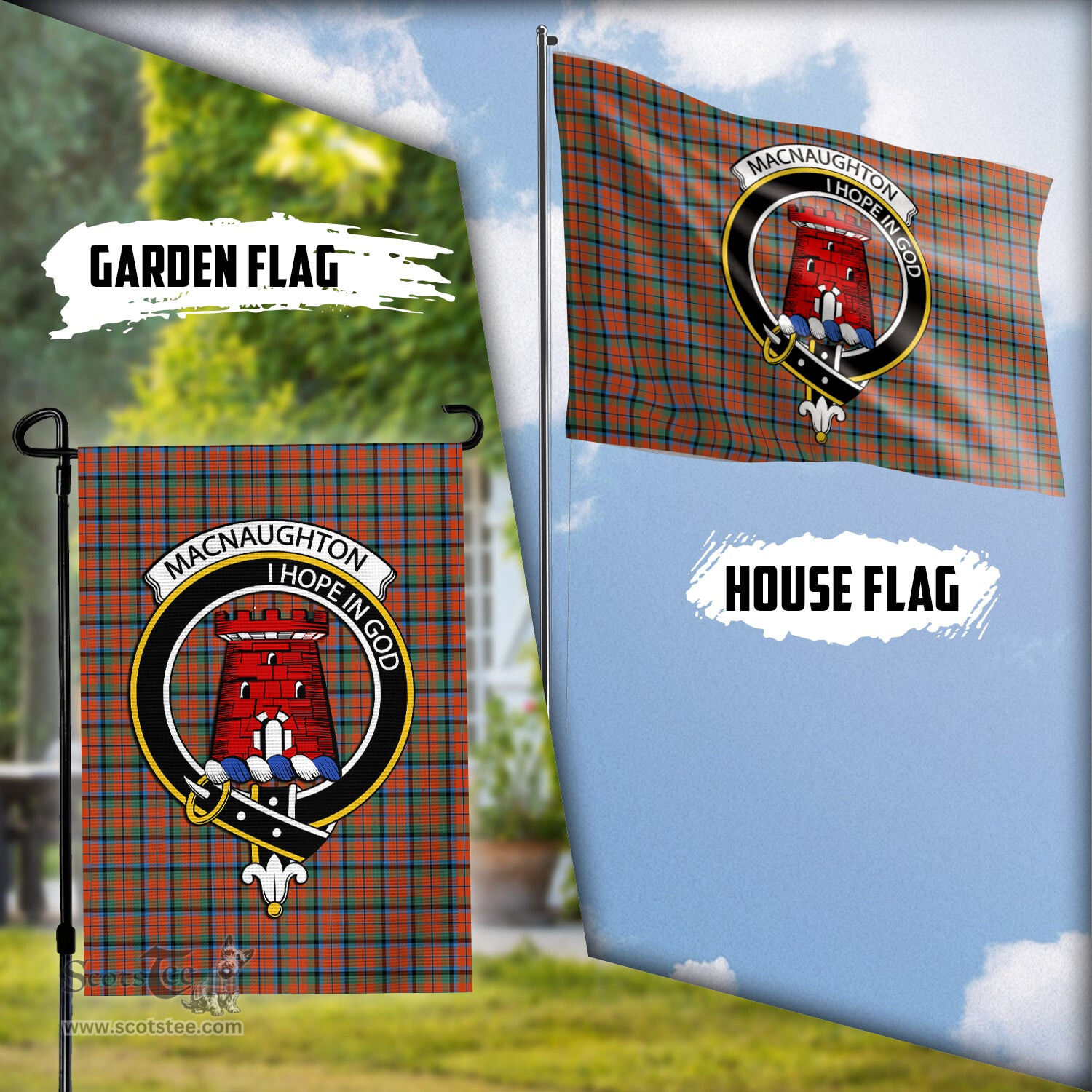 Scottish MacNaughton Ancient Tartan Flag with Family Crest - Tartan Garden Flag Scottish Plaid Tartan Plaid - ScotsTee - scotstee.com