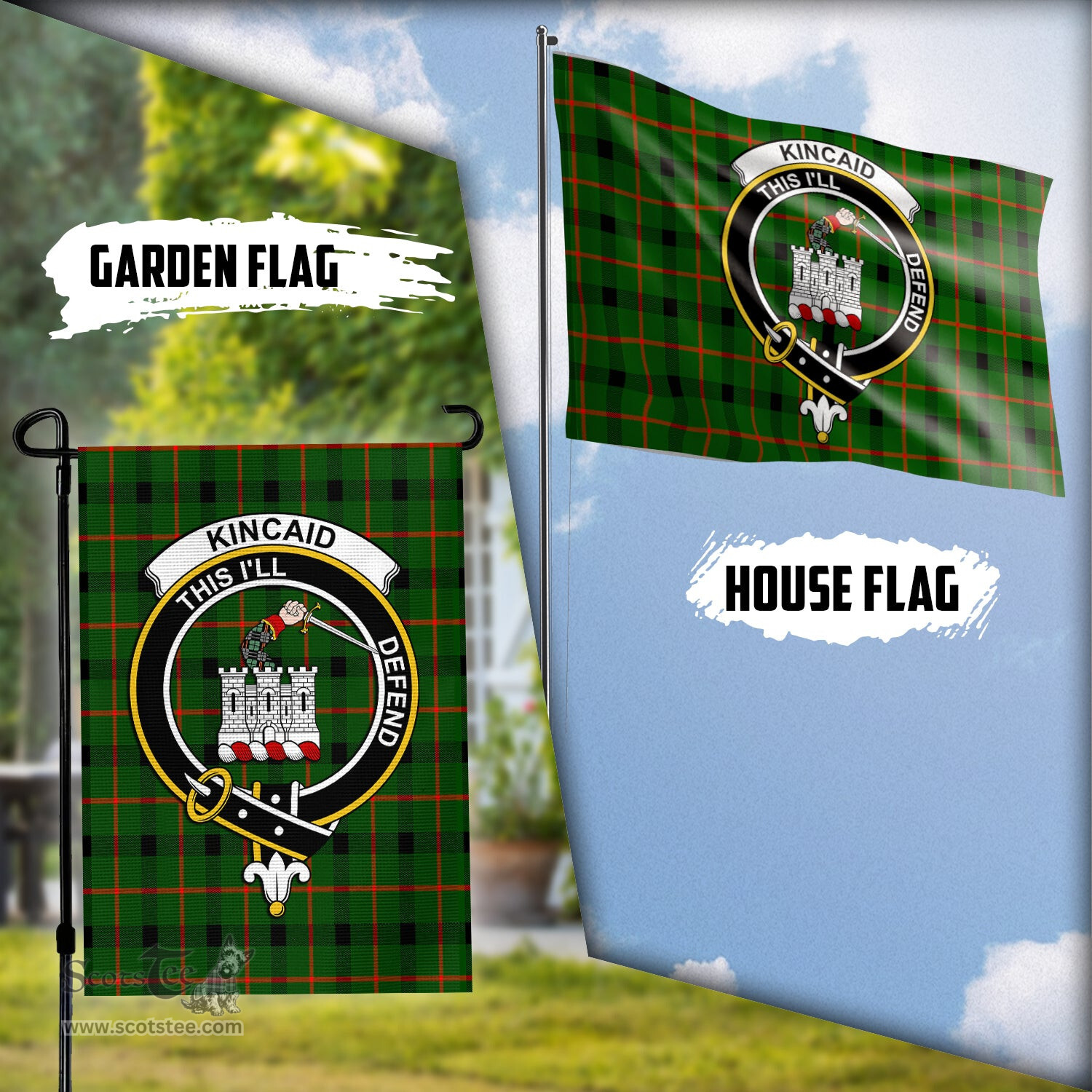Scottish Kincaid Modern Tartan Flag with Family Crest - Tartan Garden Flag Scottish Plaid Tartan Plaid - ScotsTee - scotstee.com