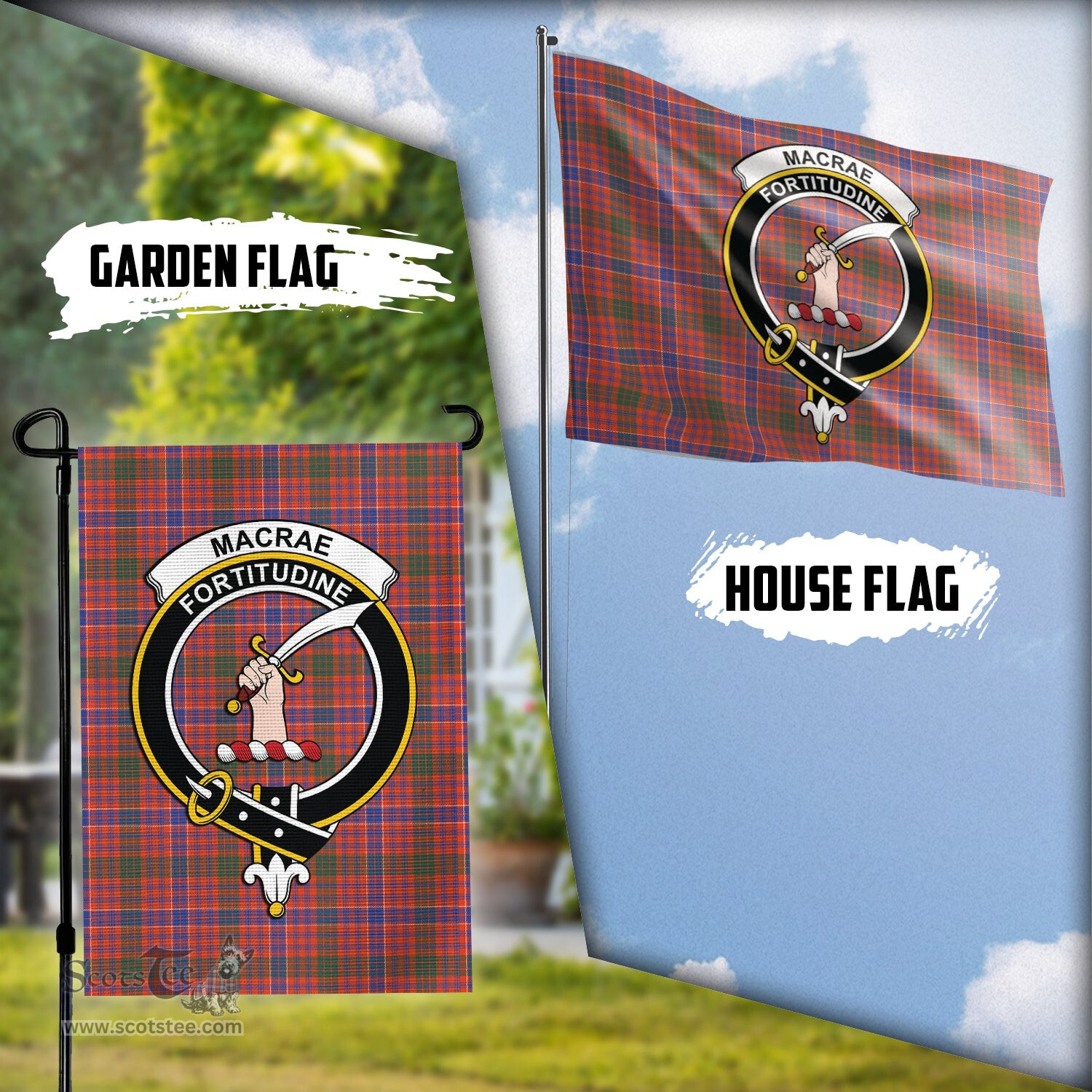 Scottish MacRae Ancient Tartan Flag with Family Crest - Tartan Garden Flag Scottish Plaid Tartan Plaid - ScotsTee - scotstee.com