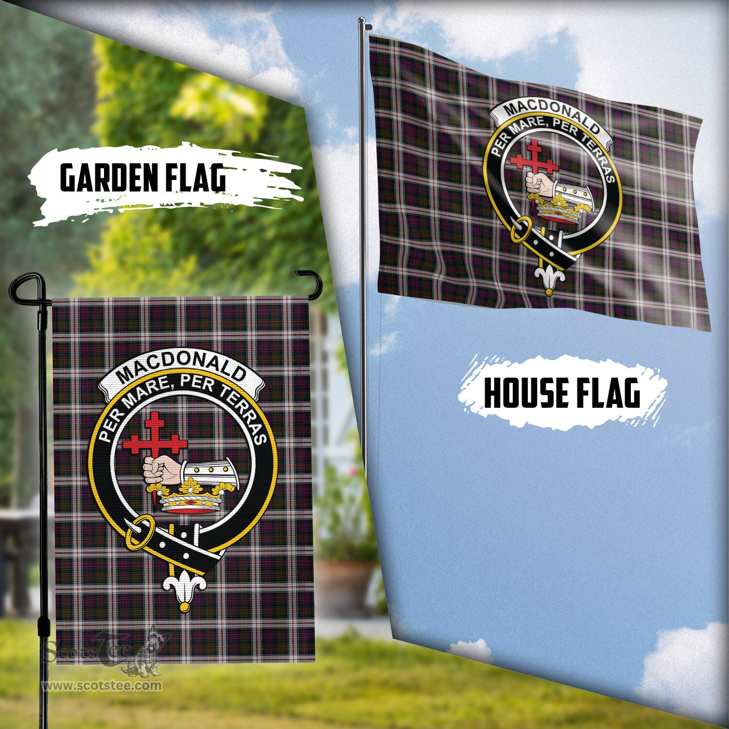 Scottish MacDonald Dress Tartan Flag with Family Crest - Tartan Garden Flag Scottish Plaid Tartan Plaid - ScotsTee - scotstee.com