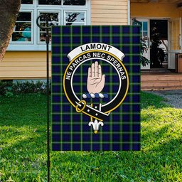 Scottish Lamont Modern Tartan Flag with Family Crest - Tartan Garden Flag Scottish Plaid Tartan Plaid - ScotsTee - scotstee.com