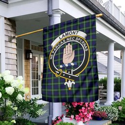 Scottish Lamont Modern Tartan Flag with Family Crest - Tartan Garden Flag Scottish Plaid Tartan Plaid - ScotsTee - scotstee.com