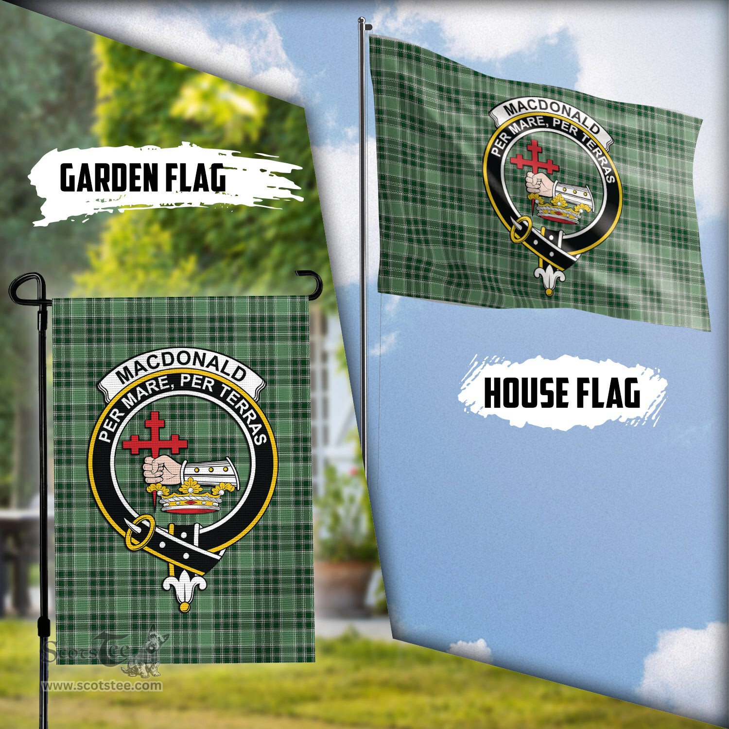 Scottish MacDonald Lord of the Isles Hunting Tartan Flag with Family Crest - Tartan Garden Flag Scottish Plaid Tartan Plaid - ScotsTee - scotstee.com