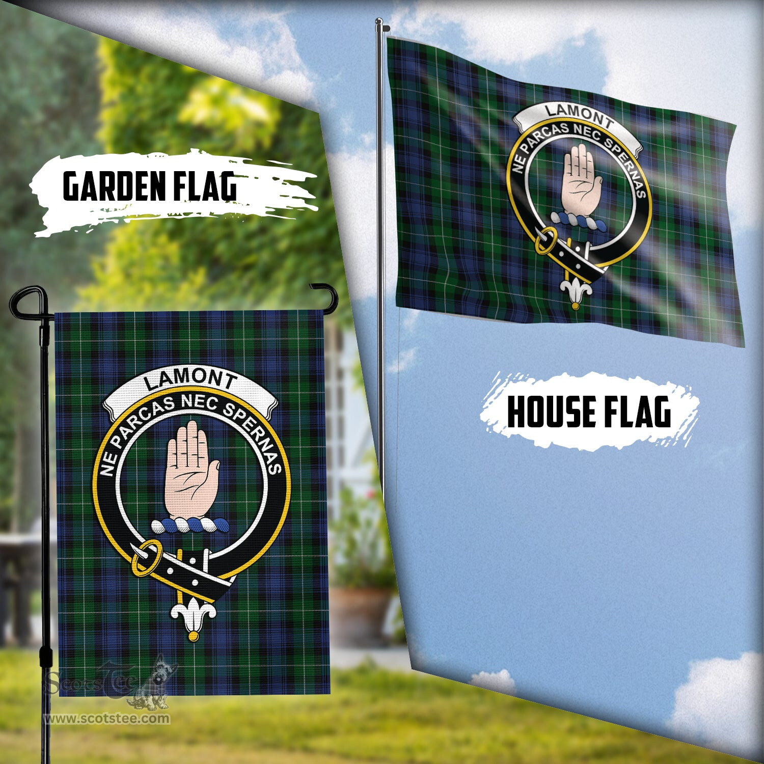 Scottish Lamont #2 Tartan Flag with Family Crest - Tartan Garden Flag Scottish Plaid Tartan Plaid - ScotsTee - scotstee.com