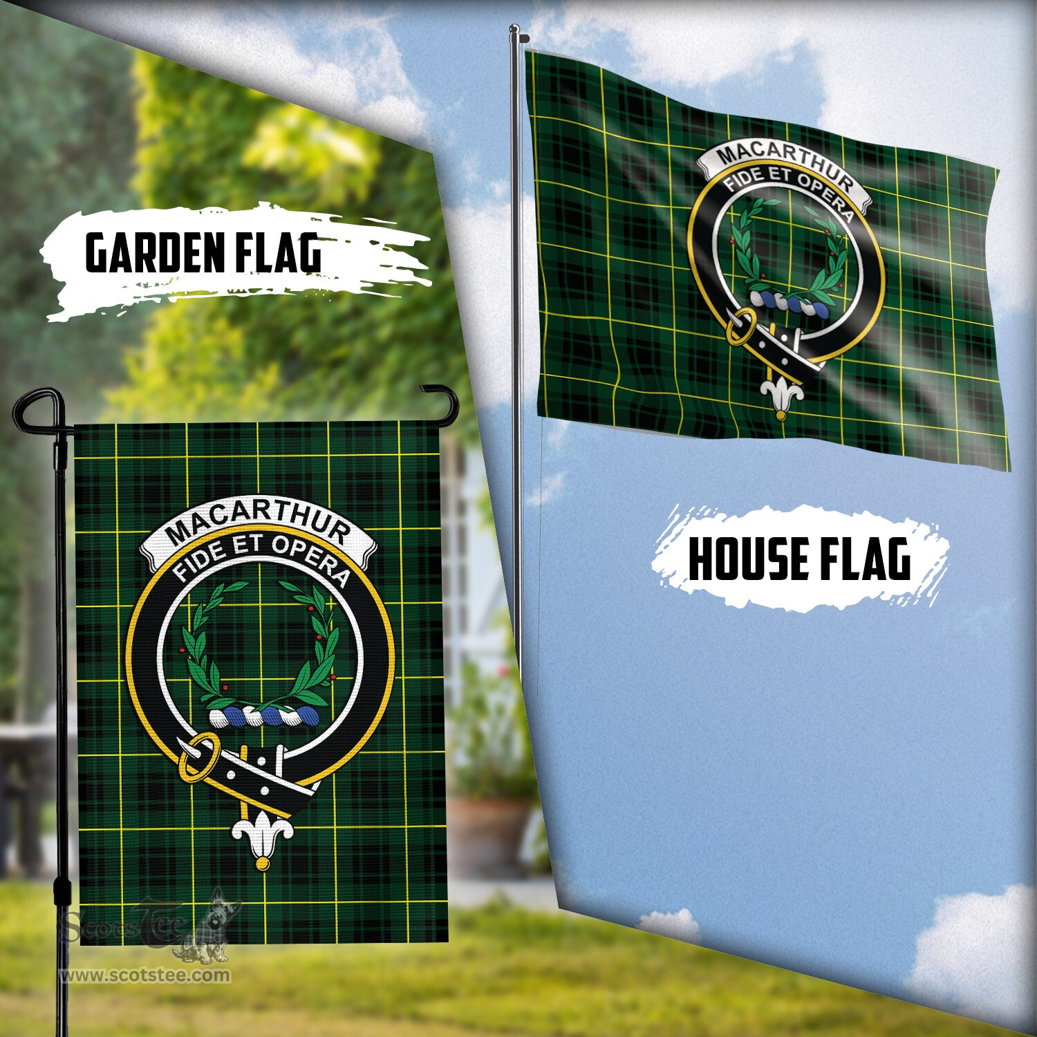 Scottish MacArthur Modern Tartan Flag with Family Crest - Tartan Garden Flag Scottish Plaid Tartan Plaid - ScotsTee - scotstee.com