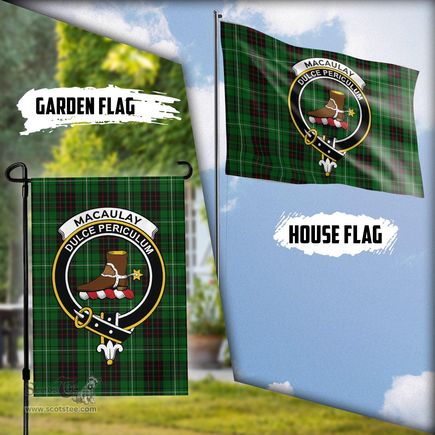 Scottish MacAulay of Lewis Tartan Flag with Family Crest - Tartan Garden Flag Scottish Plaid Tartan Plaid - ScotsTee - scotstee.com
