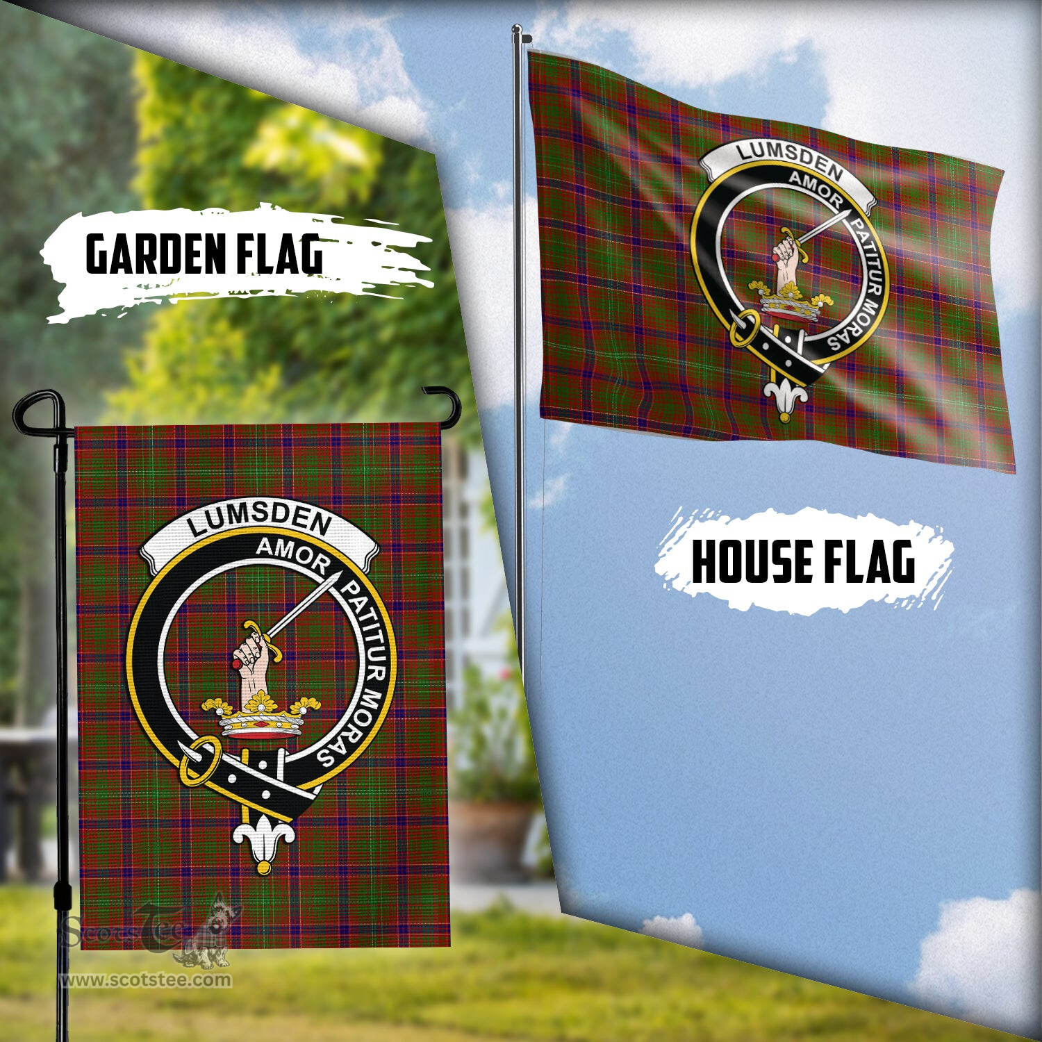 Scottish Lumsden Tartan Flag with Family Crest - Tartan Garden Flag Scottish Plaid Tartan Plaid - ScotsTee - scotstee.com