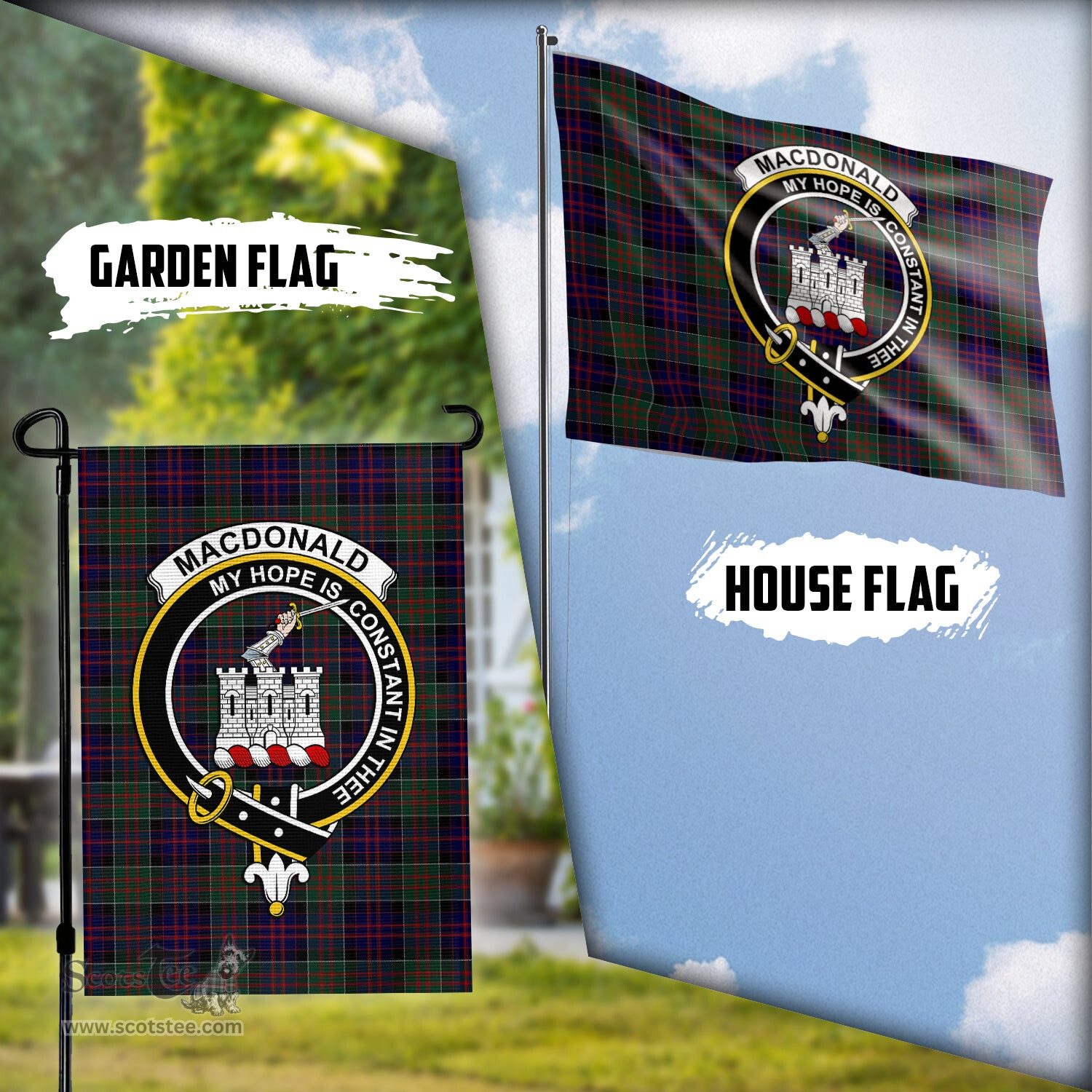 Scottish MacDonald of Clan Ranald Tartan Flag with Family Crest - Tartan Garden Flag Scottish Plaid Tartan Plaid - ScotsTee - scotstee.com